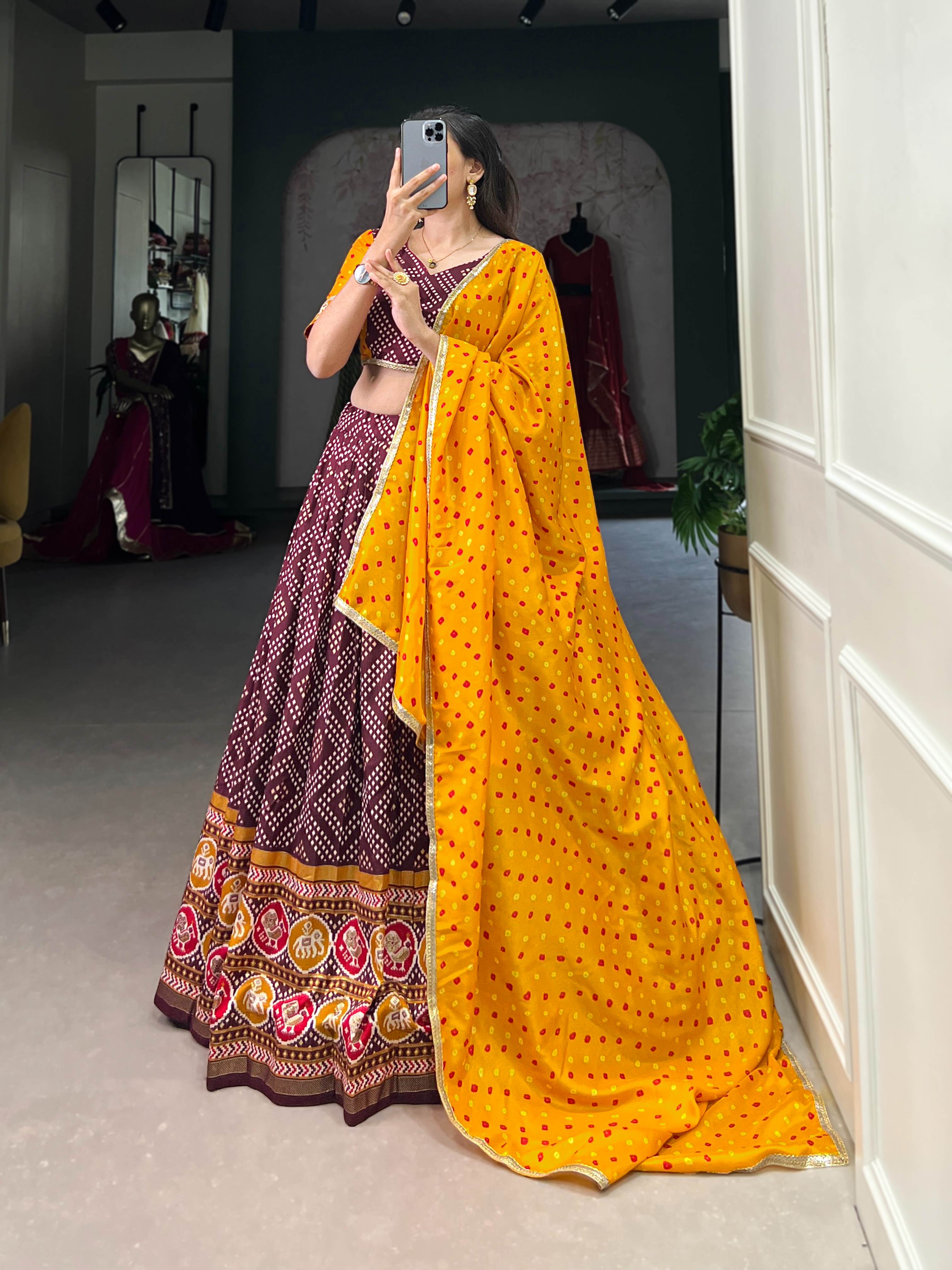 Royal Tasar Silk Bandhej & Patola Print Lehenga Choli