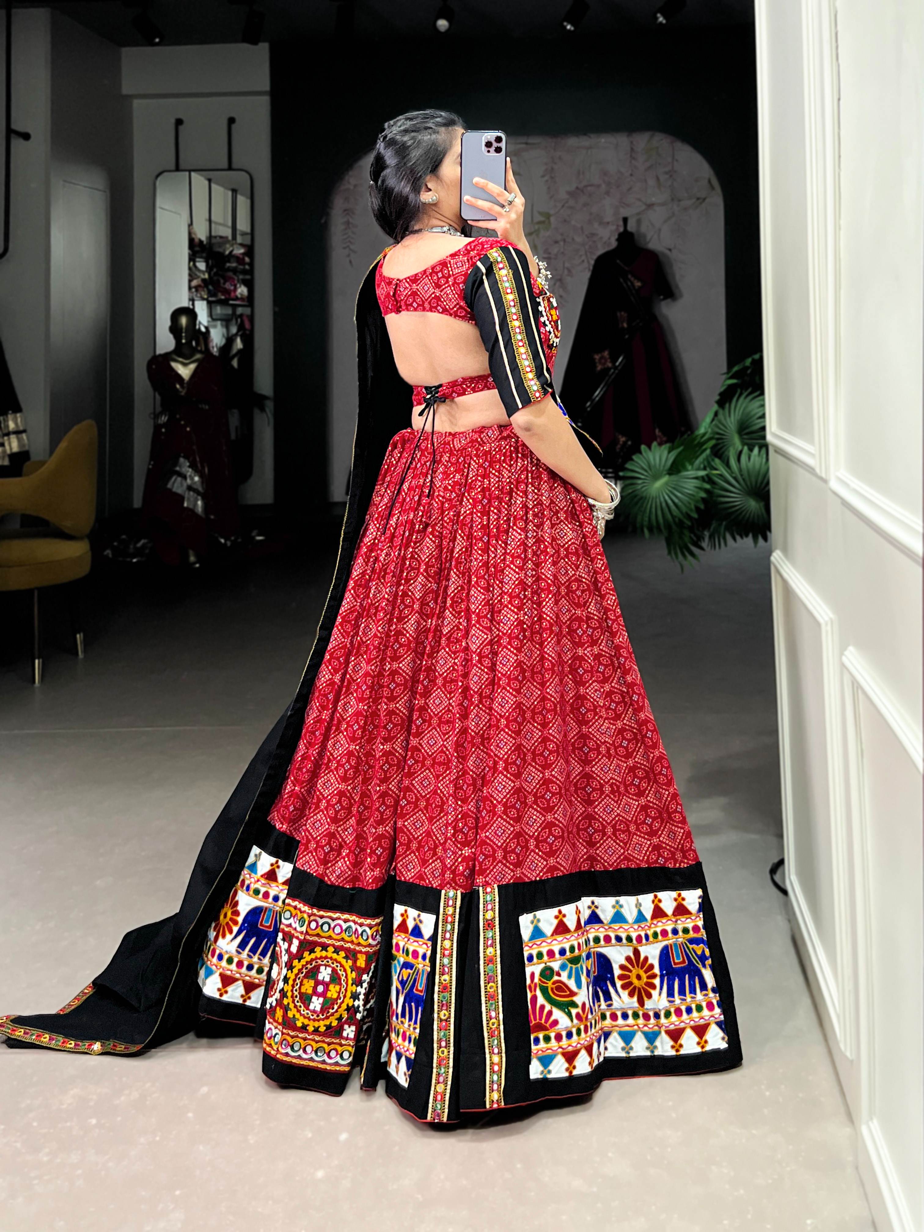 Red Gamthi Work Pure Cotton Navratri Lehenga Choli