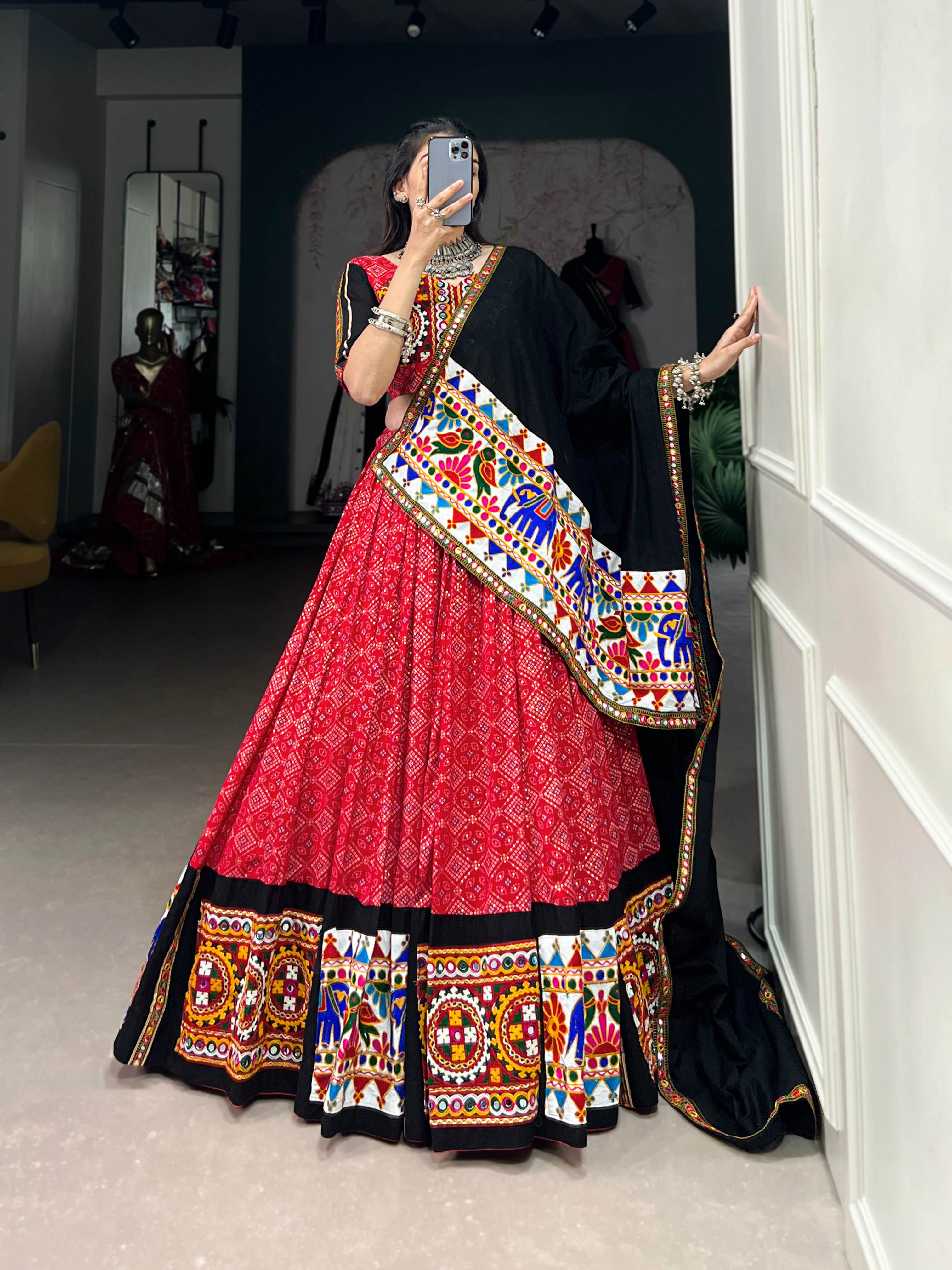 Red Gamthi Work Pure Cotton Navratri Lehenga Choli