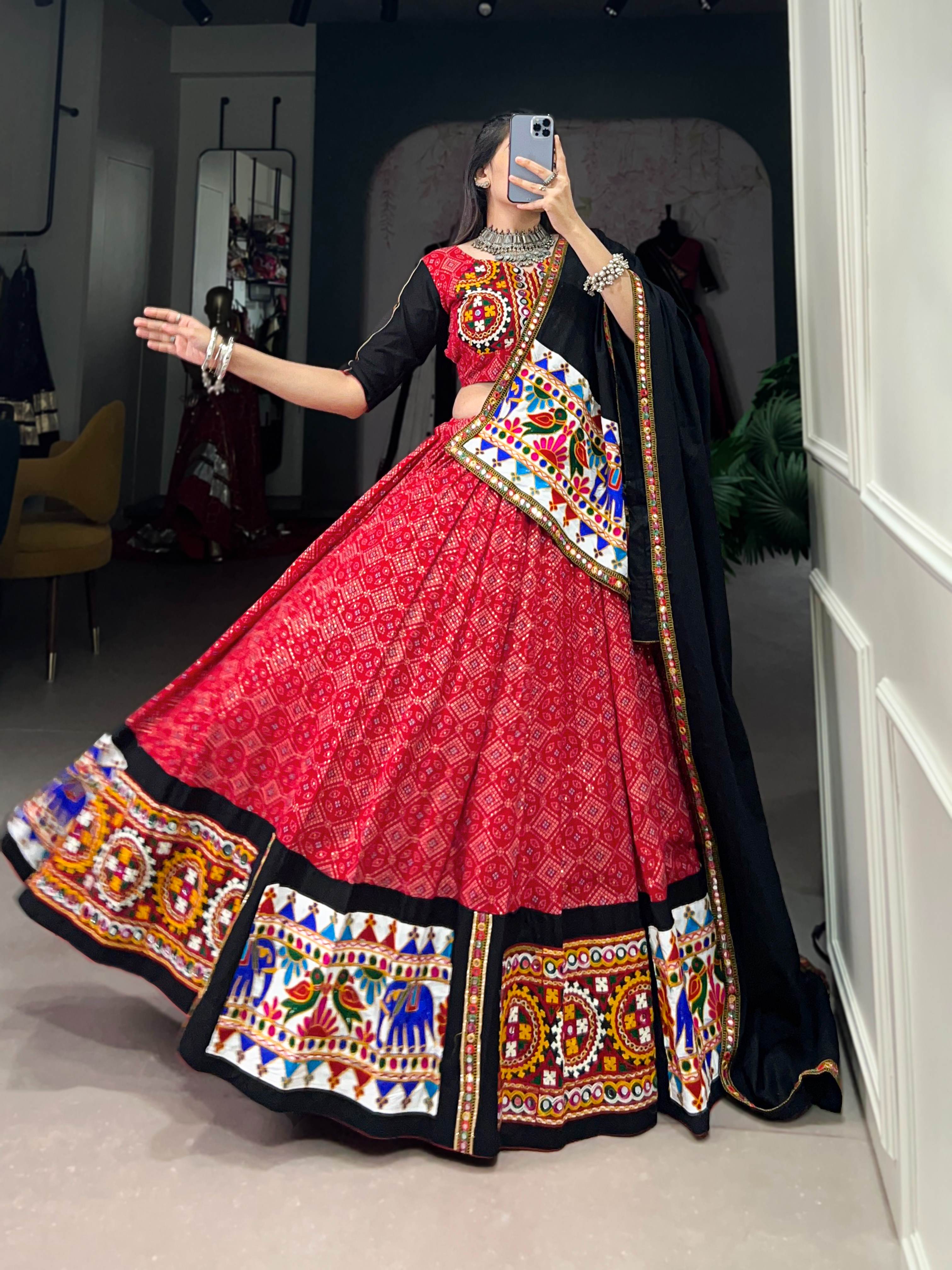 Red Gamthi Work Pure Cotton Navratri Lehenga Choli