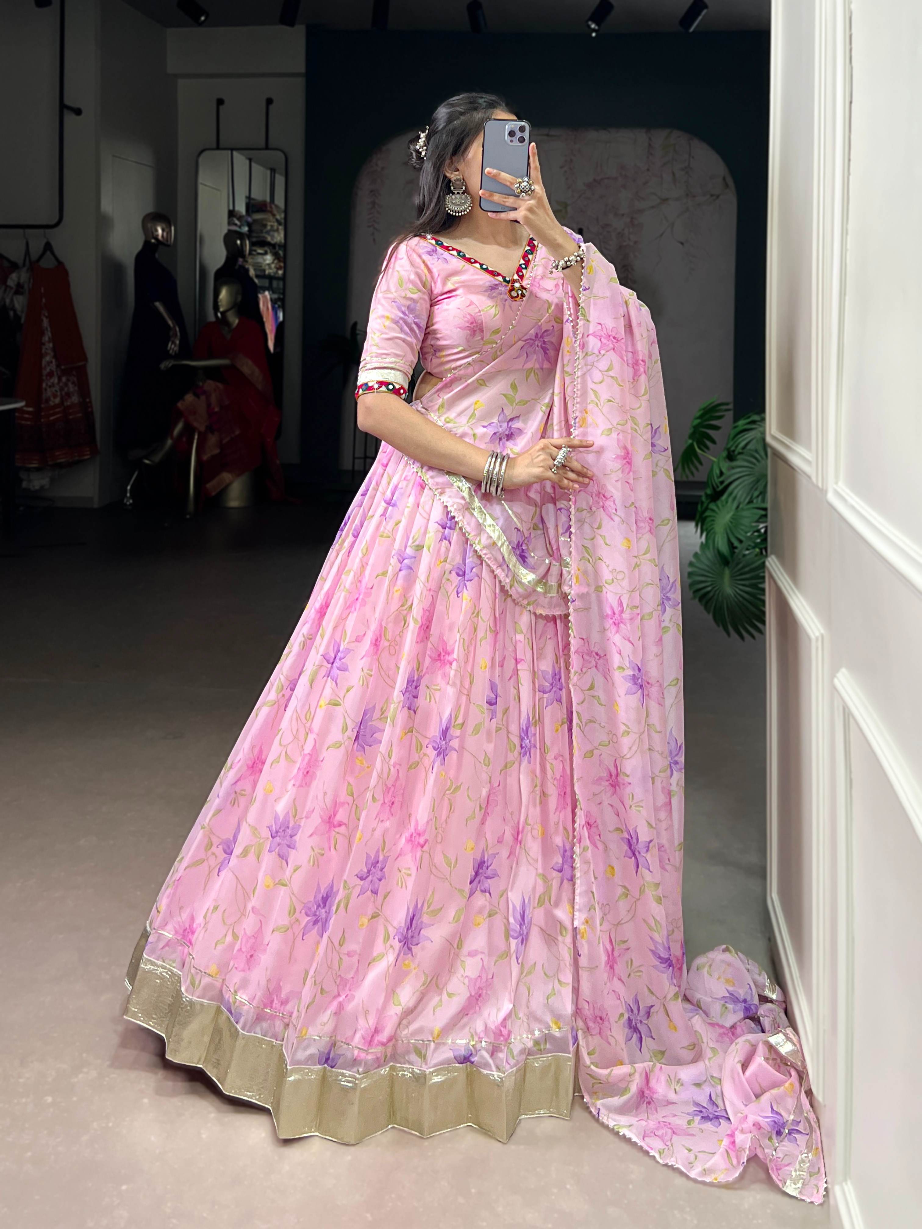 Floral Tabby Silk Navratri Special Lehenga Choli