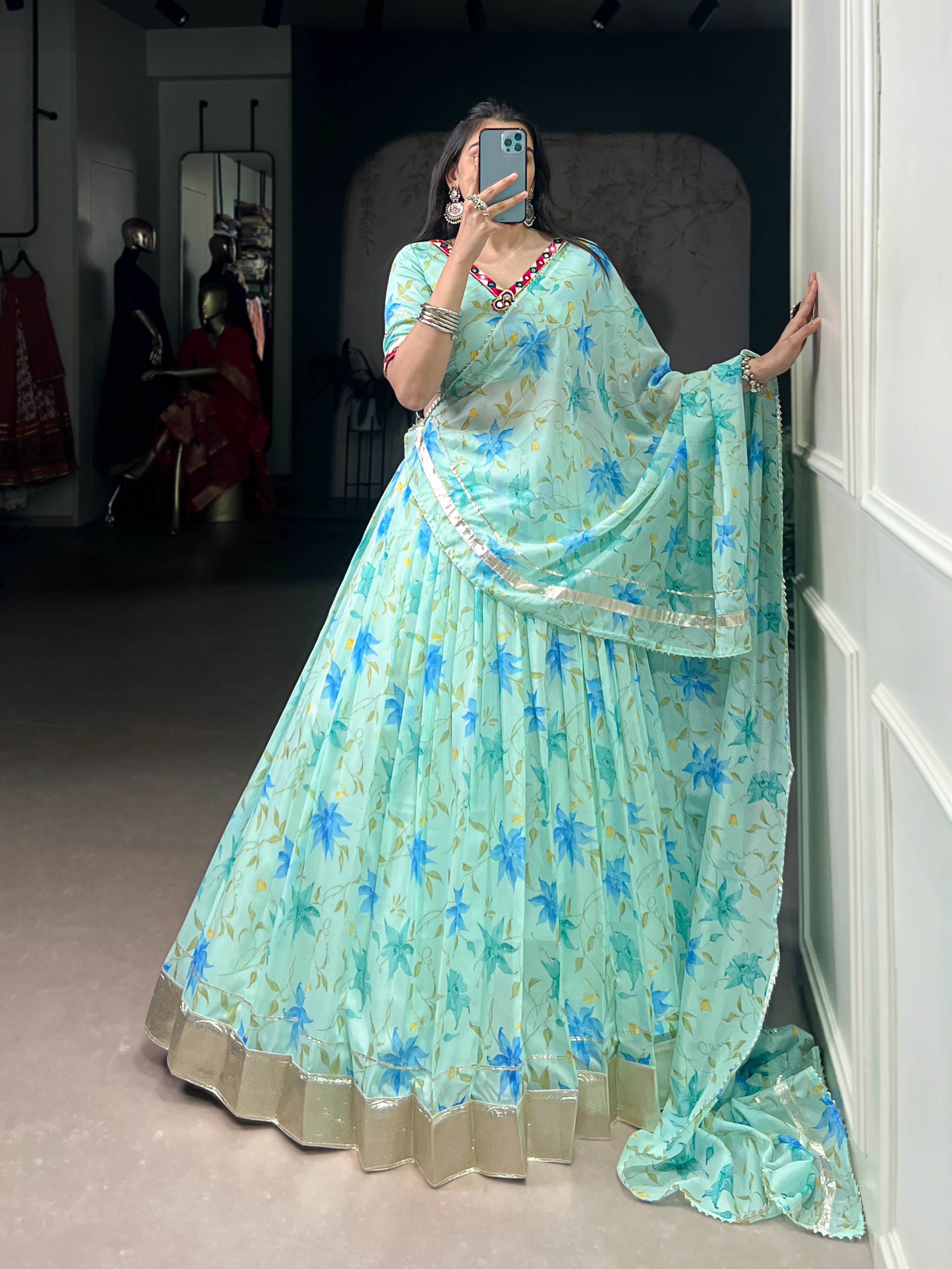 Floral Tabby Silk Navratri Special Lehenga Choli