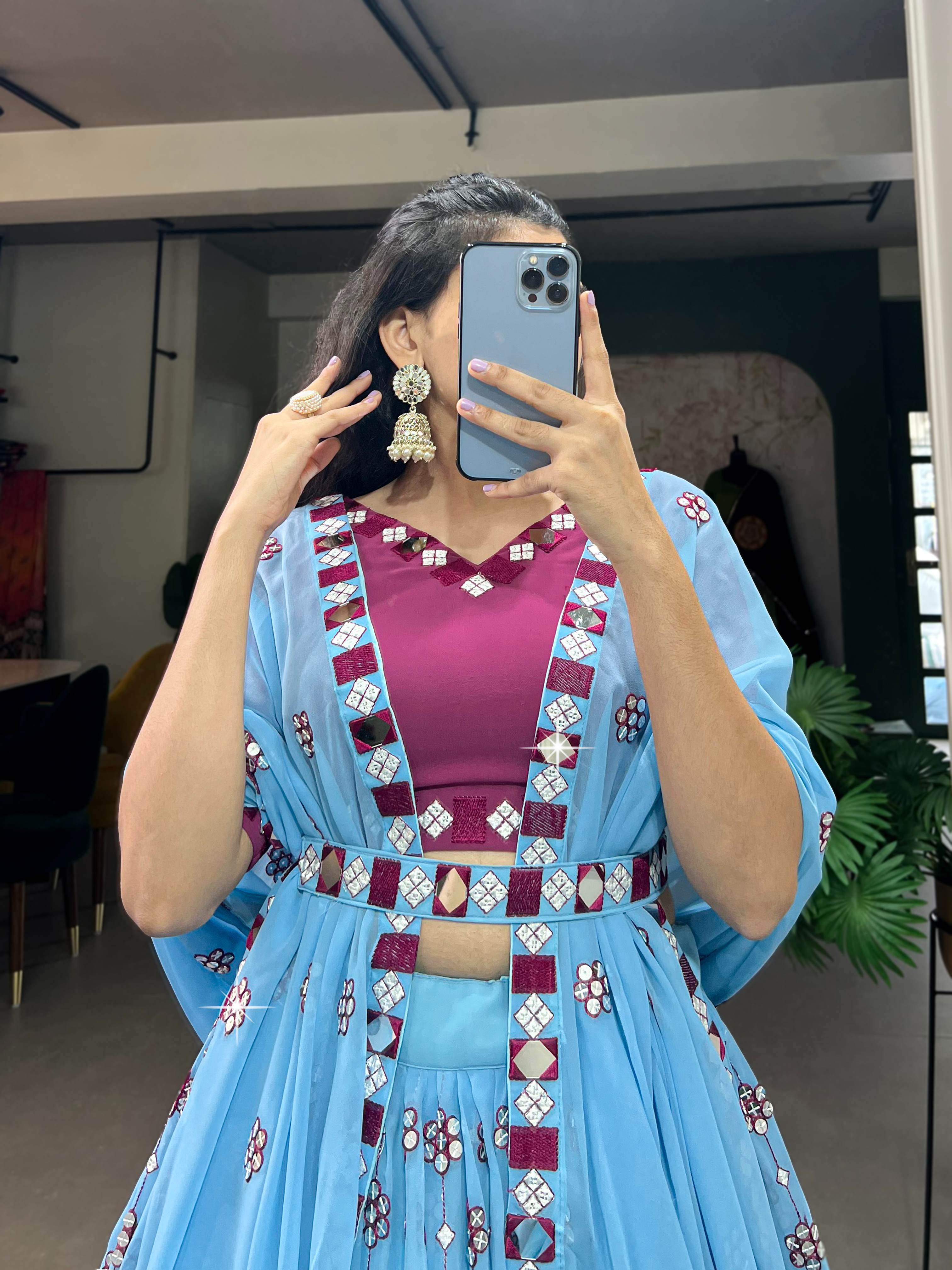 Sky Blue Sequins &amp; Mirror Work Georgette Lehenga Choli