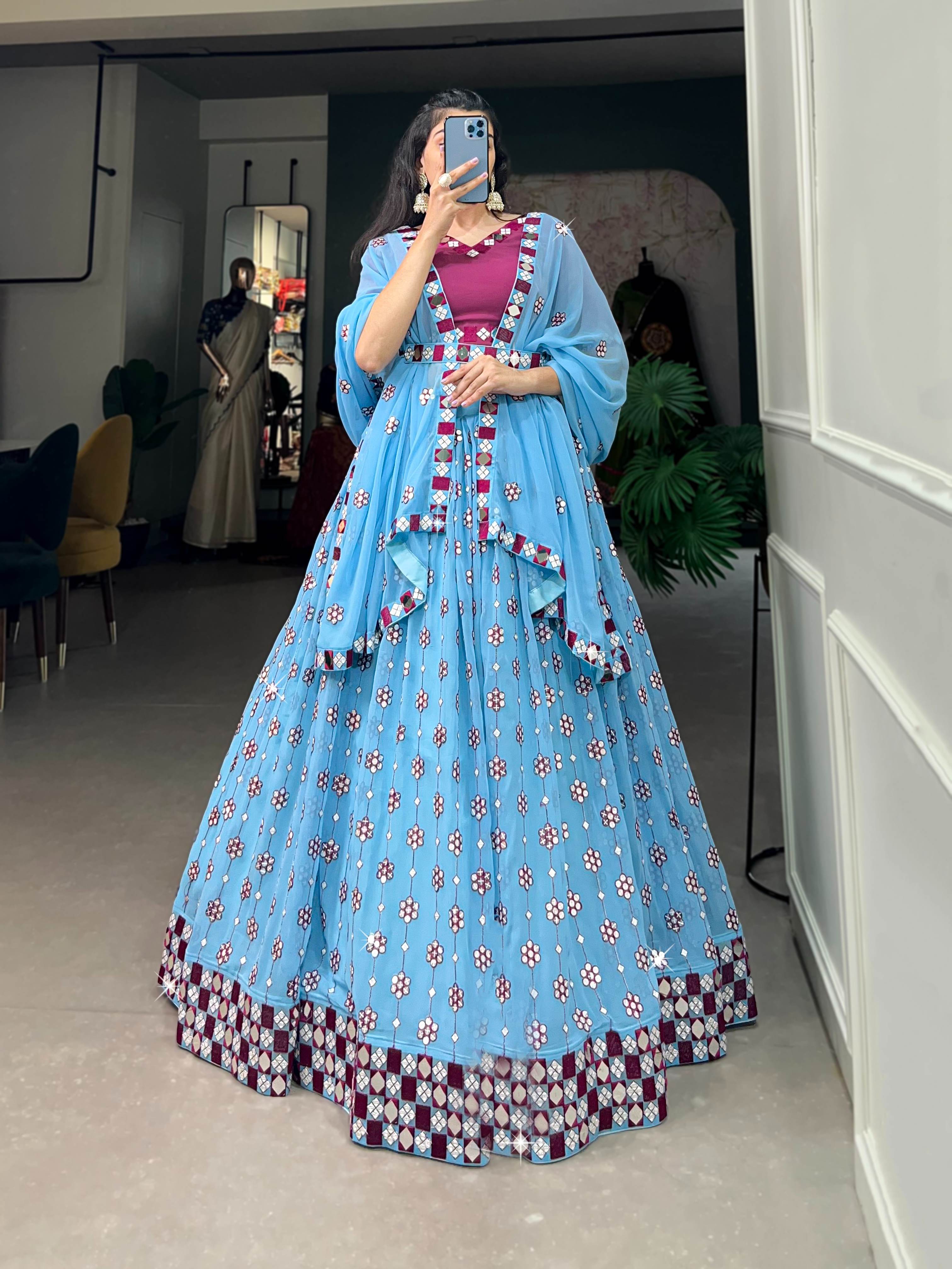 Sky Blue Sequins &amp; Mirror Work Georgette Lehenga Choli