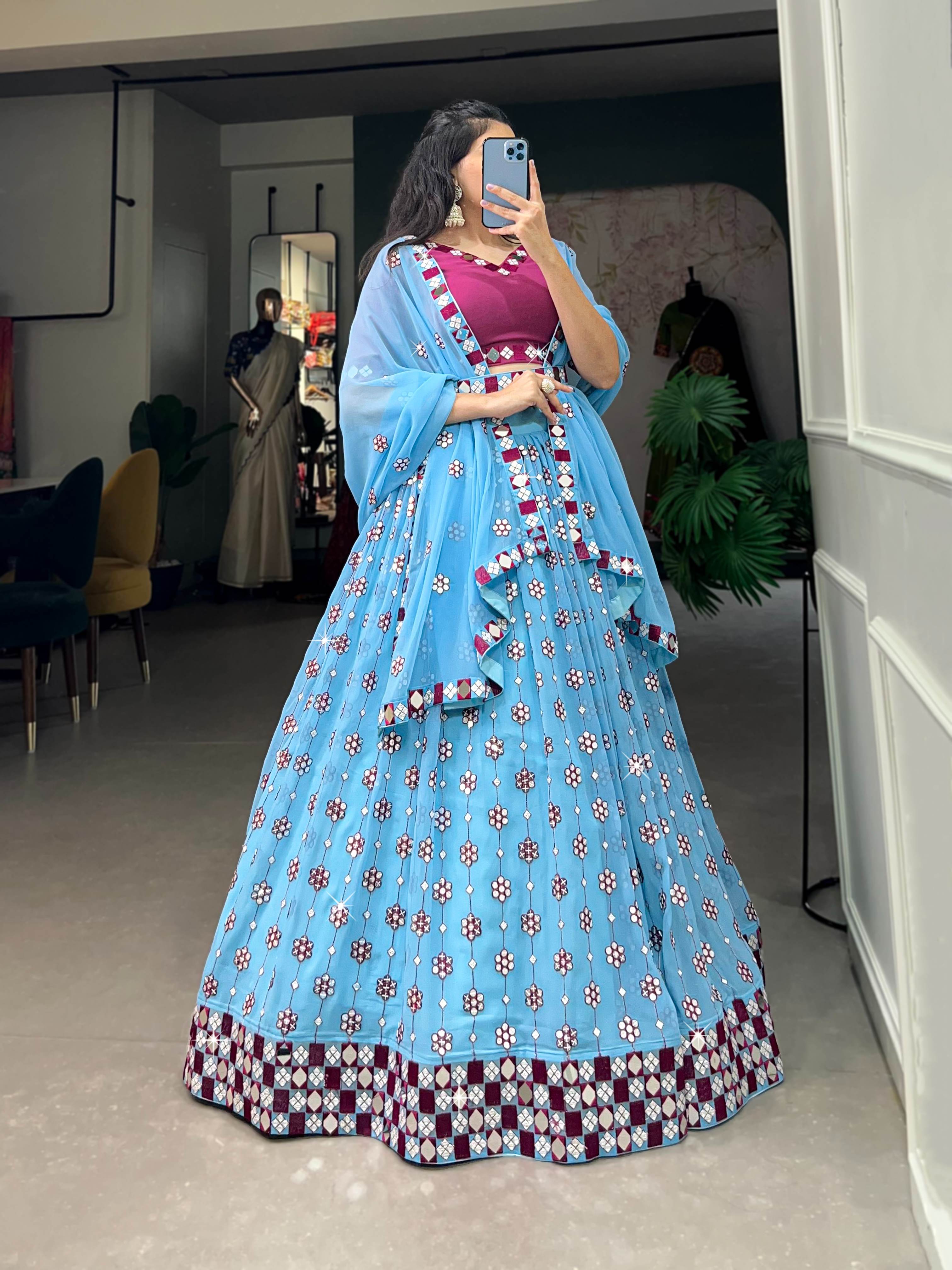 Sky Blue Sequins &amp; Mirror Work Georgette Lehenga Choli