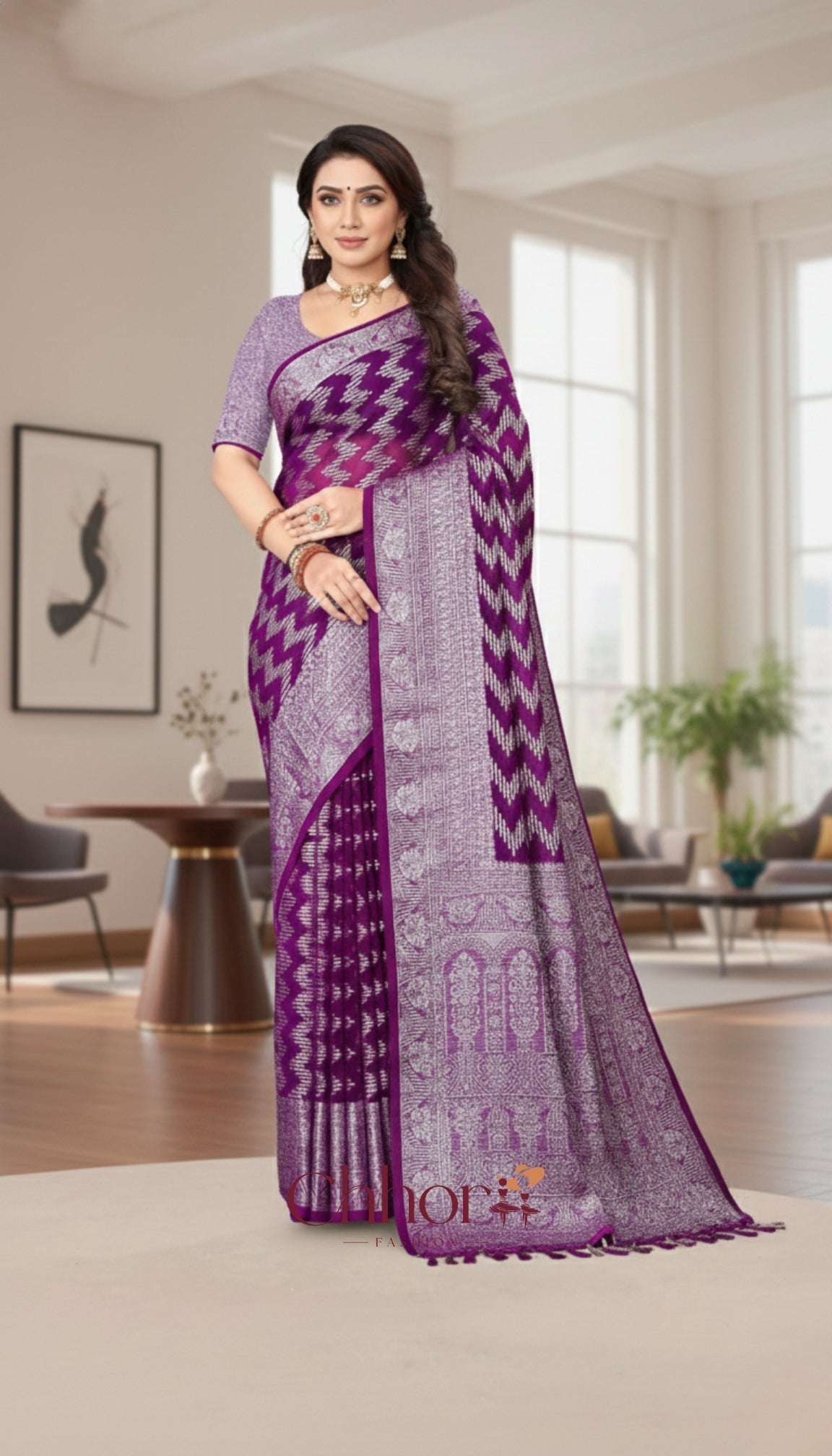 The Purple Leria Saree: Party-Ready Chevron Handloom