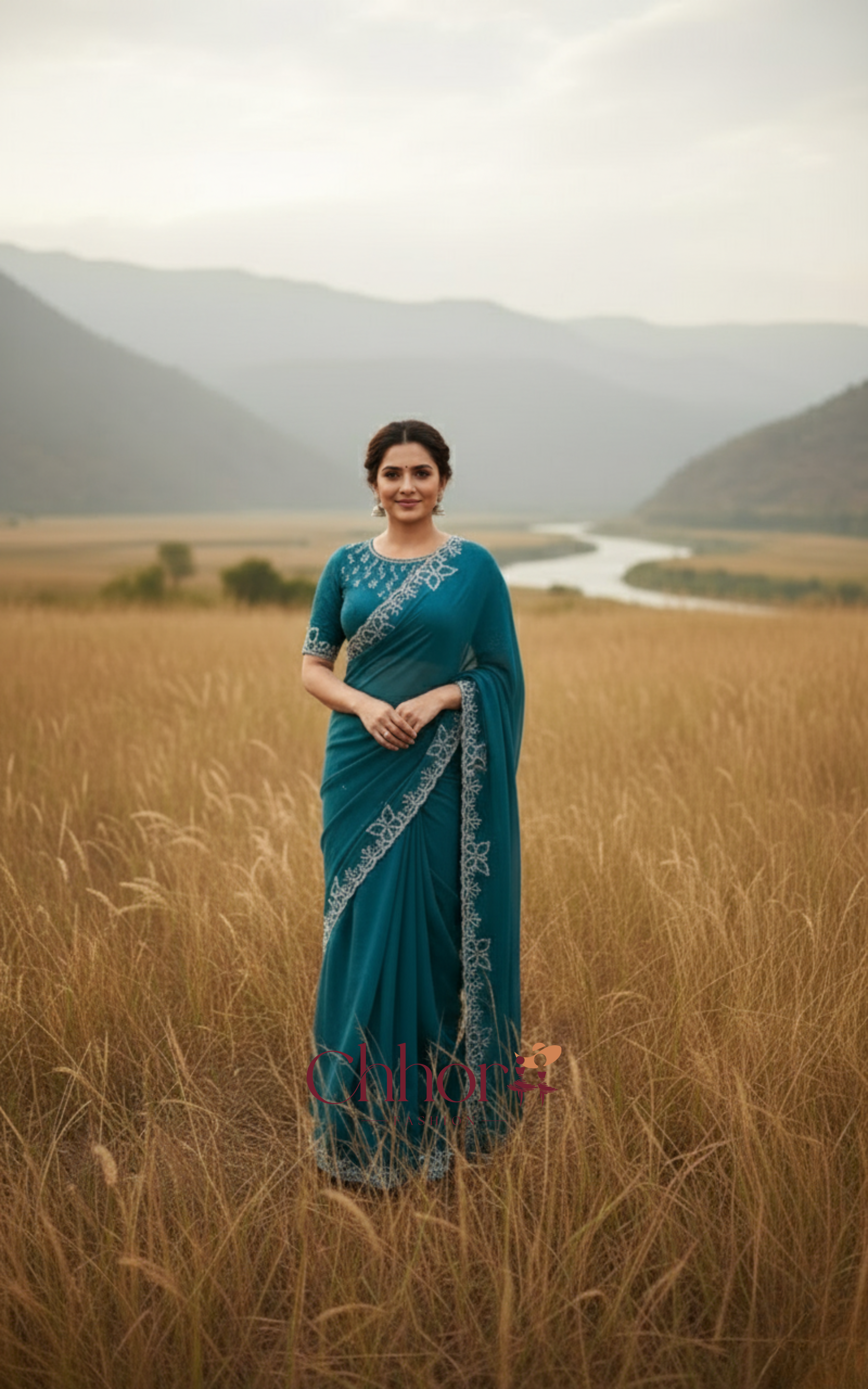 The Ira Saree: Baby Blue Fendi Satin Designer Saree with Embellished Border