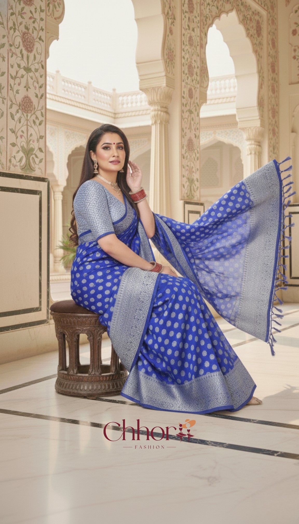The Phulkari Saree: Brilliant Blue with Silver Banarasi Butis
