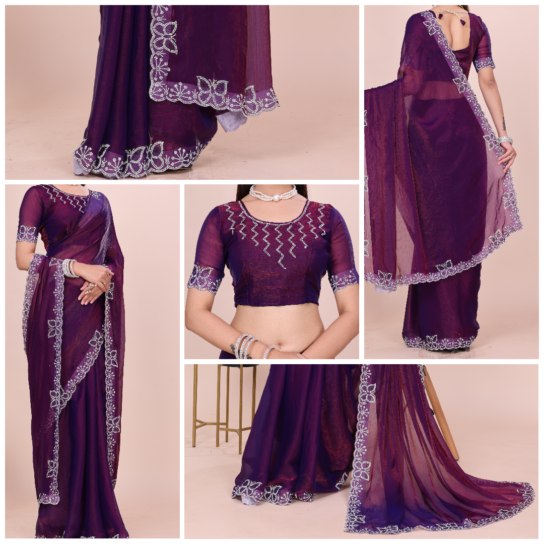 Collage of a purple saree with silver embroidery on a beige background | Chhorii Fashion