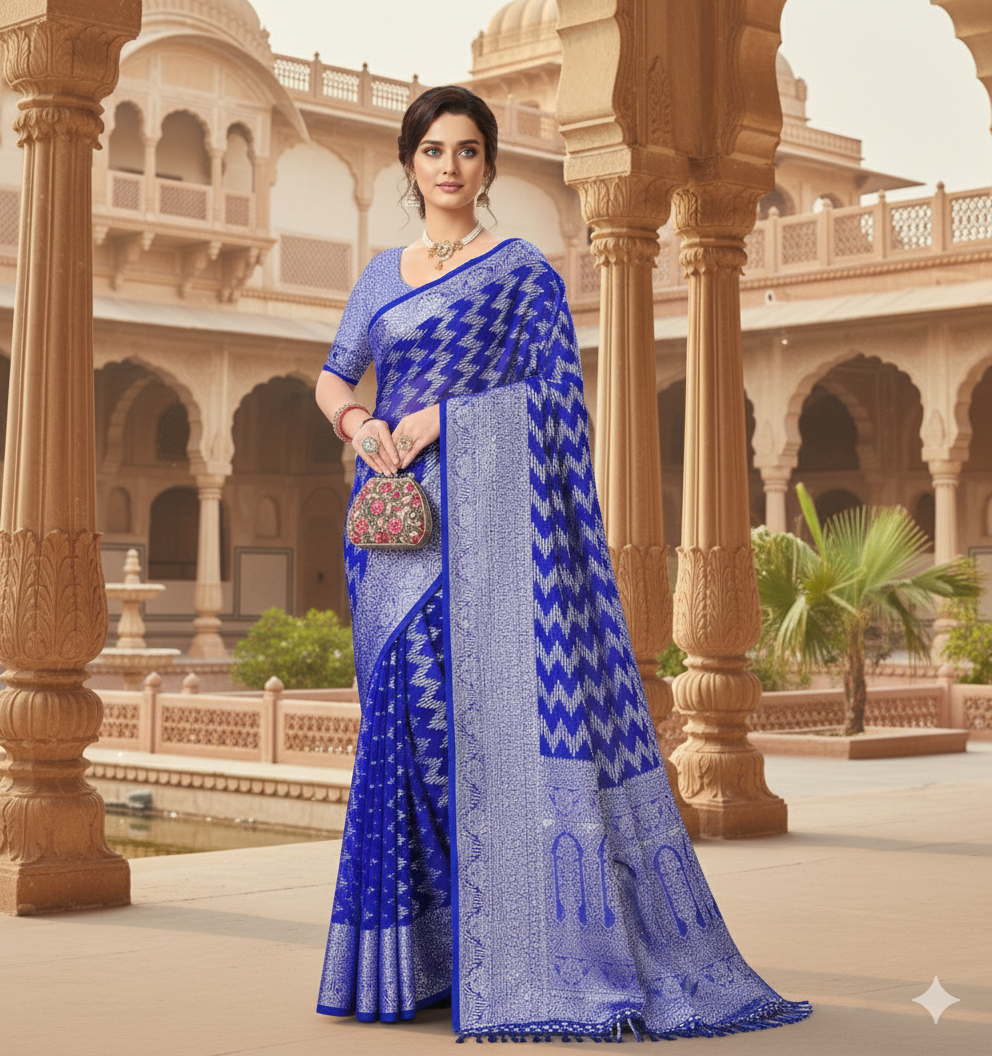 The Myra Saree: Royal Blue Georgette with Silver Zig-Zag Zari Work