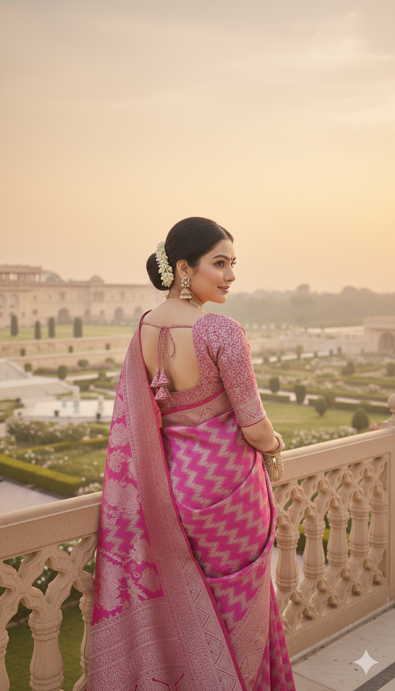 The Riya Saree: Hot Pink Georgette Saree with Silver Zari Leheriya Work
