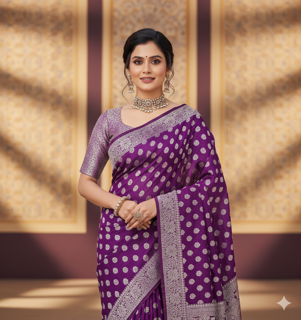 The Kaira Saree: Purple Zari Buti Georgette Saree with Jacquard Blouse