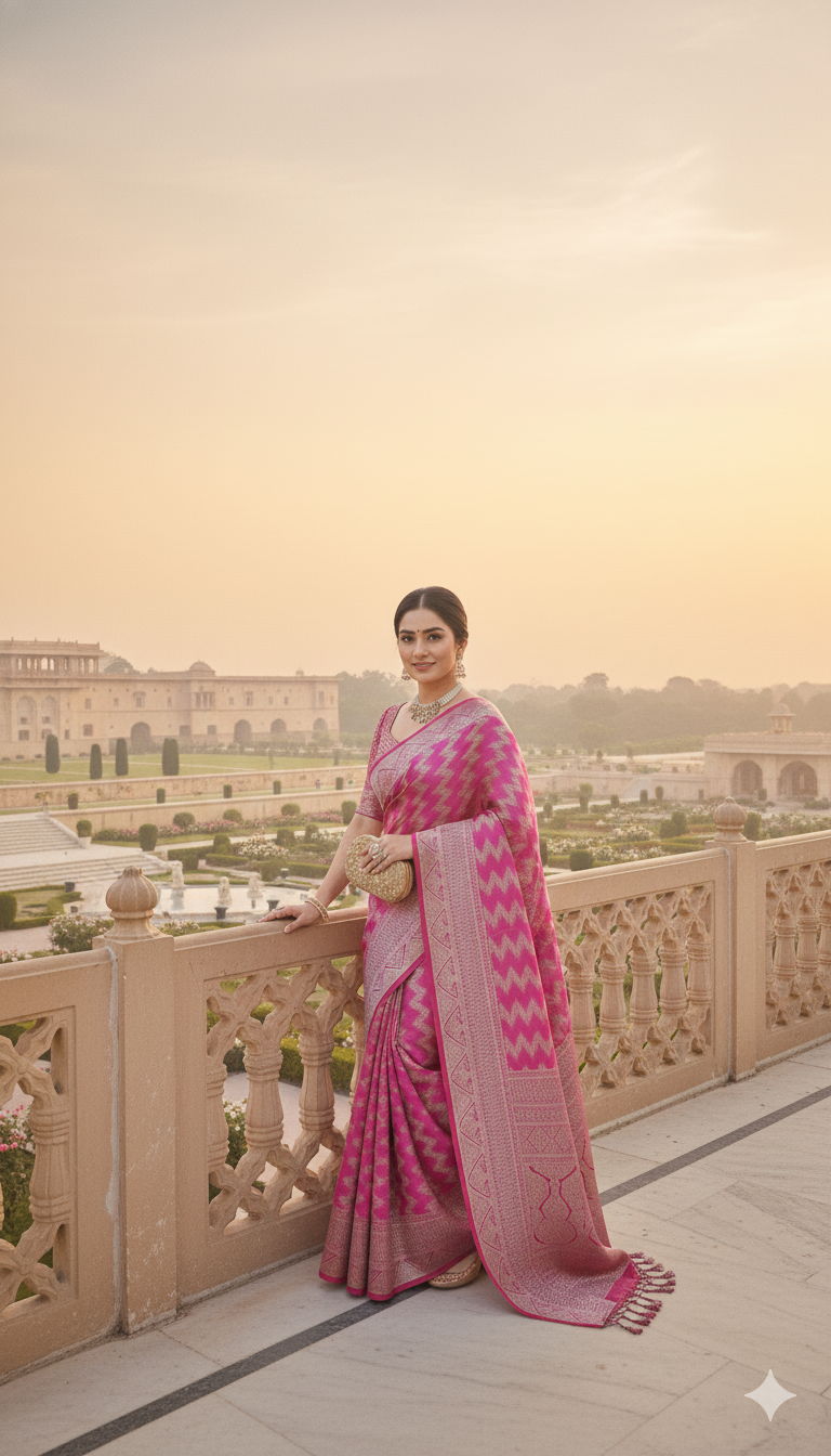 The Riya Saree: Hot Pink Georgette Saree with Silver Zari Leheriya Work