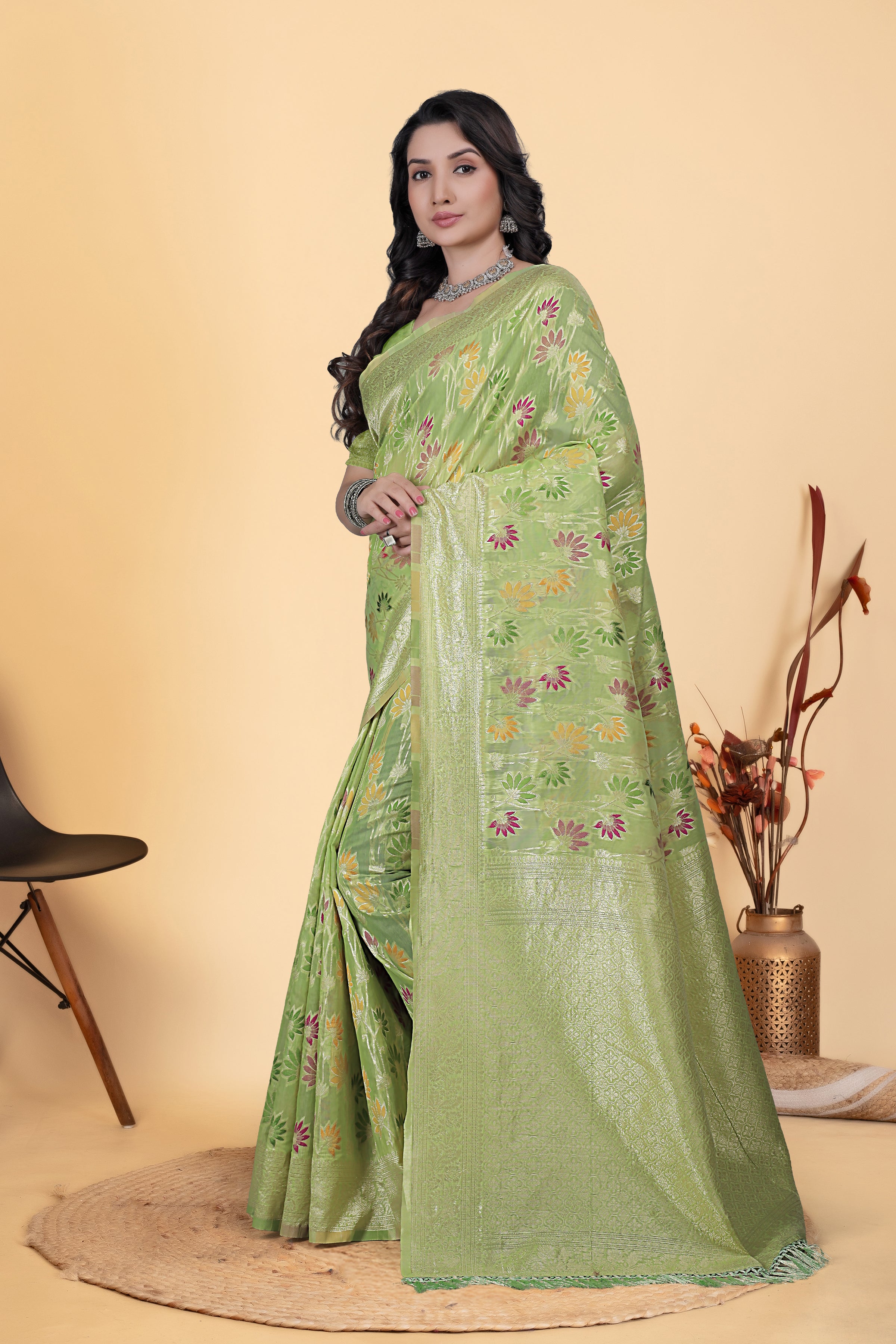 Pista Green Jaal Flower Cotton Saree