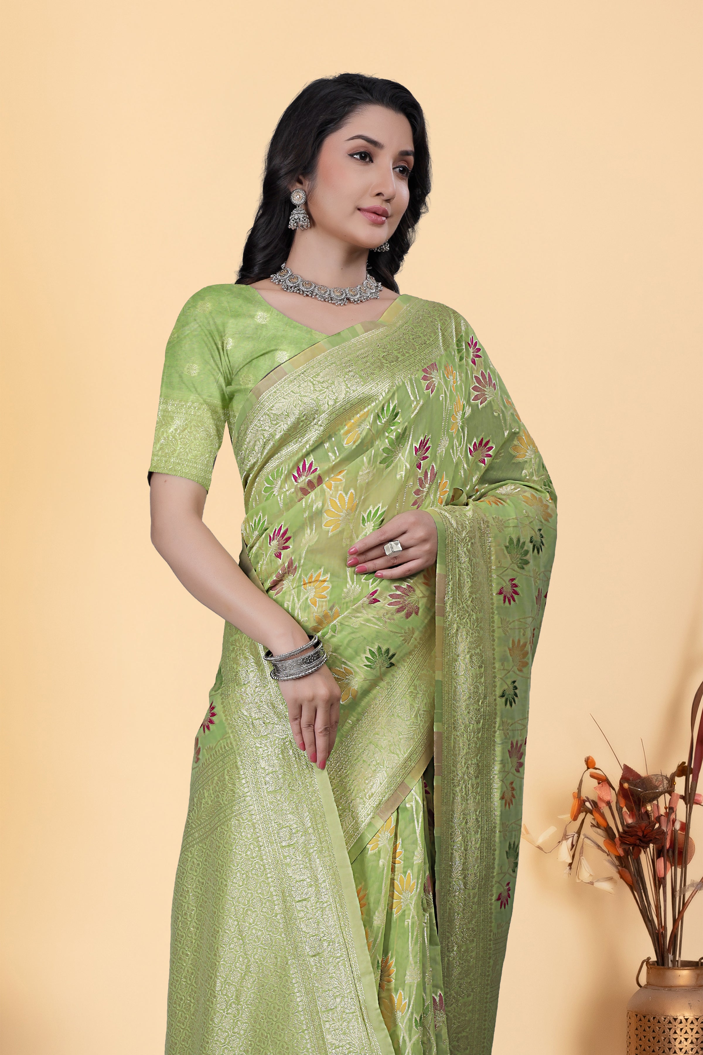 Pista Green Jaal Flower Cotton Saree