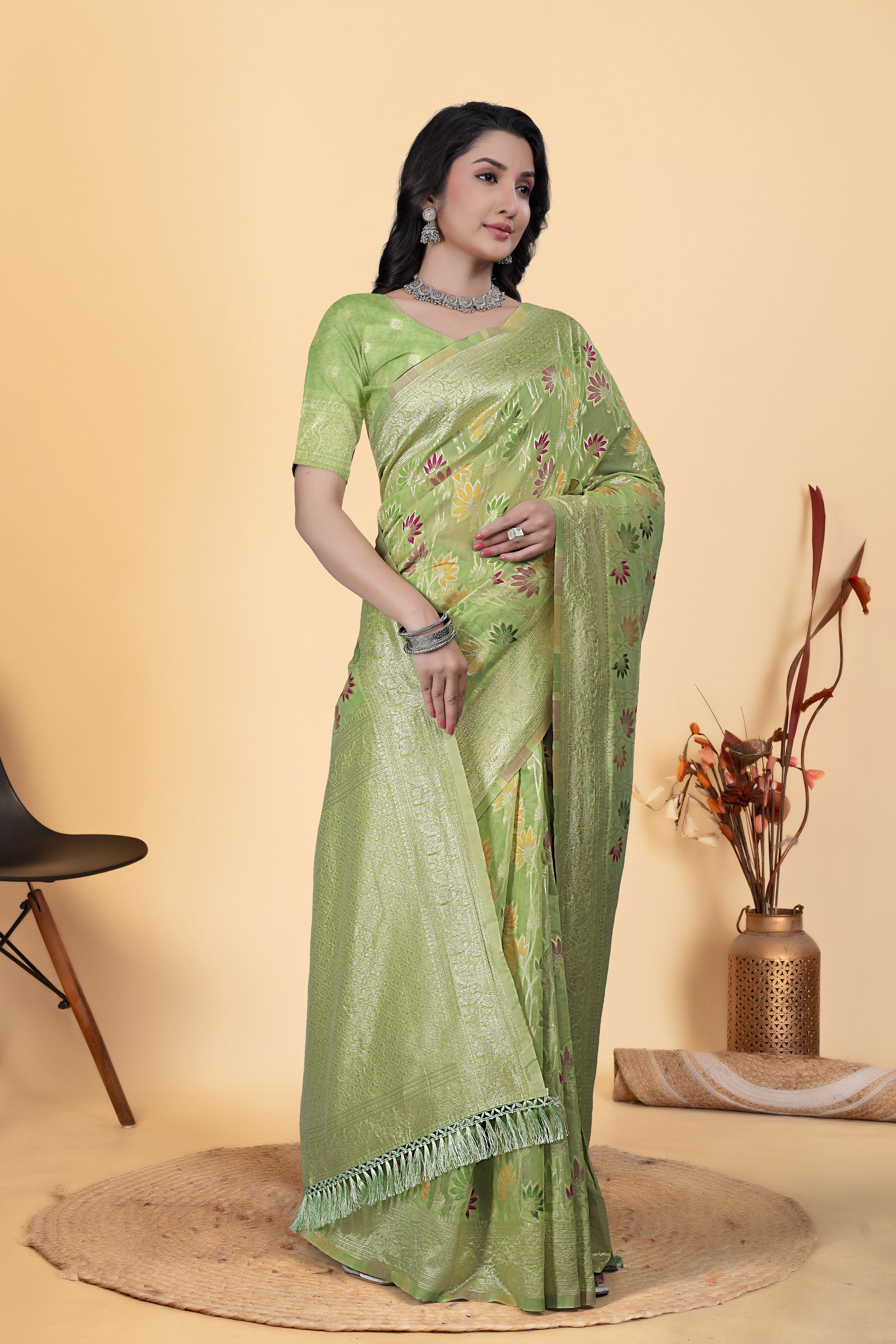 Pista Green Jaal Flower Cotton Saree