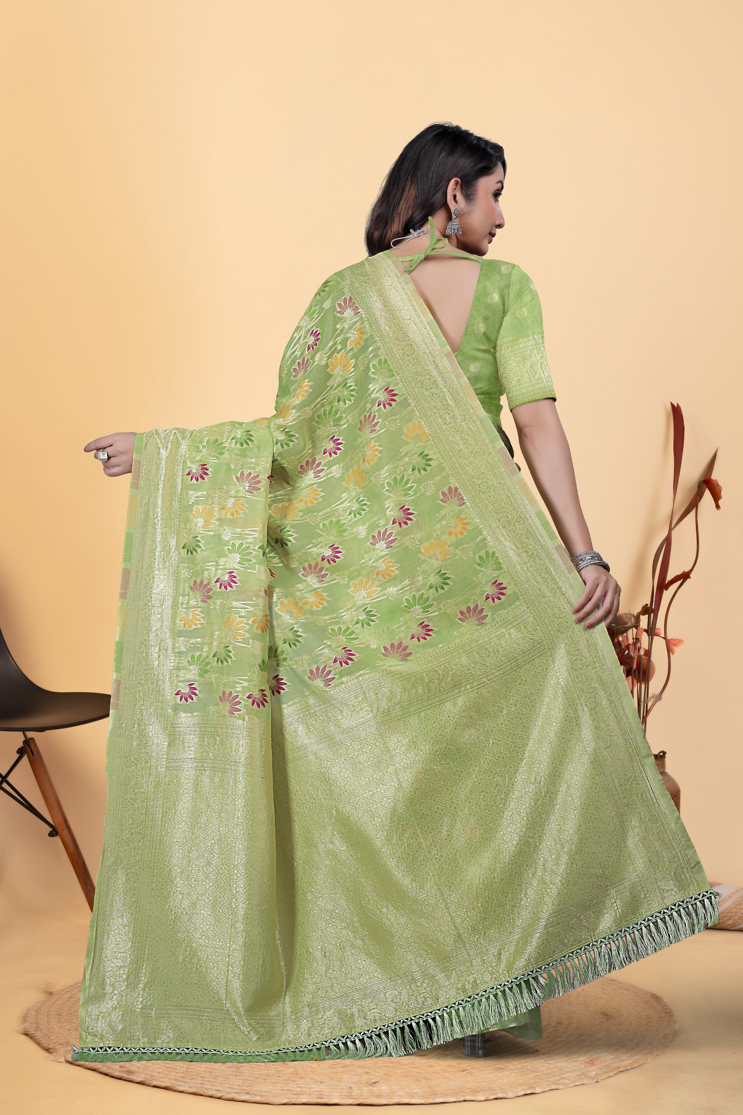 Pista Green Jaal Flower Cotton Saree