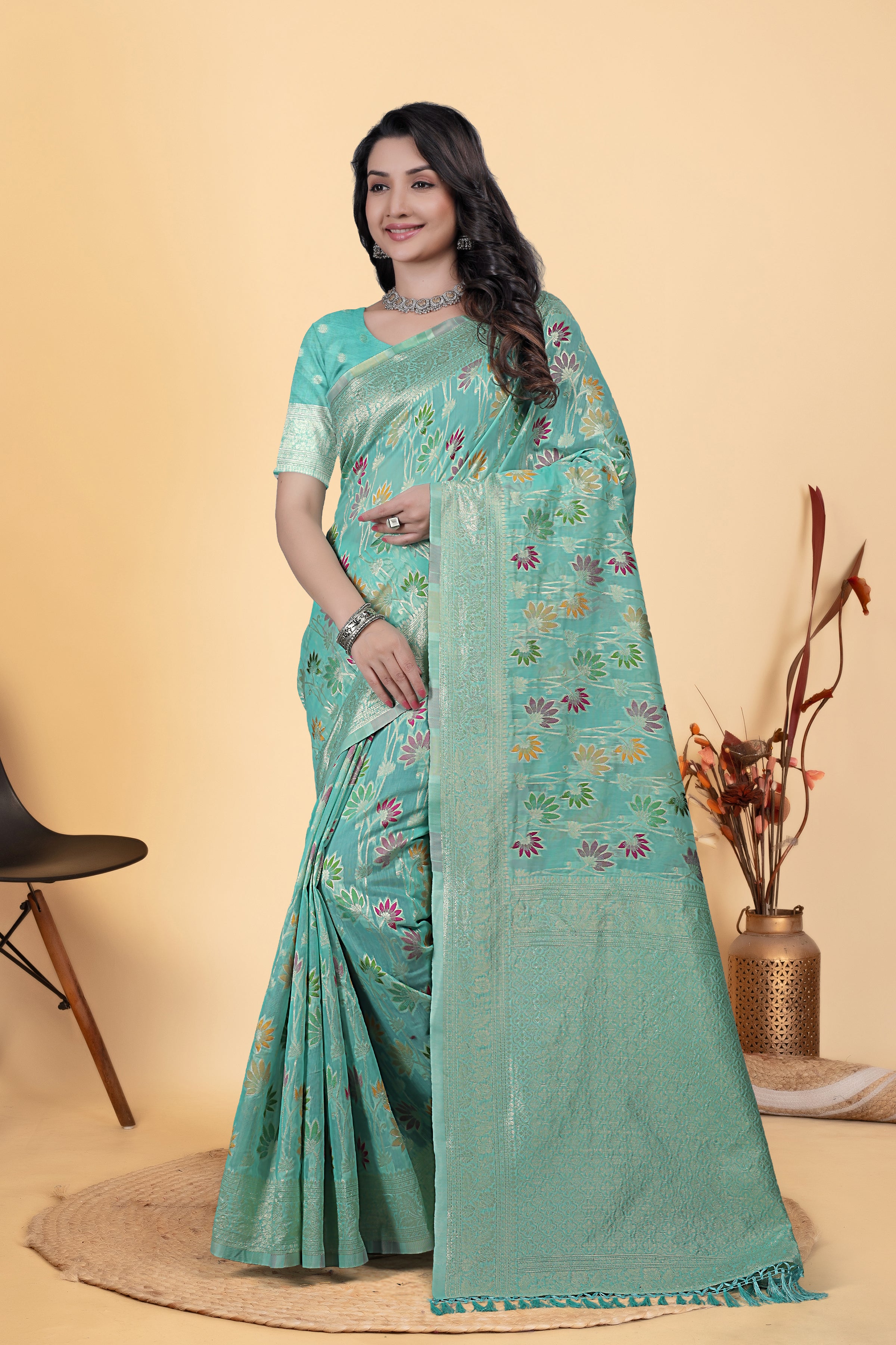 Sea Green Floral Zari Woven Saree