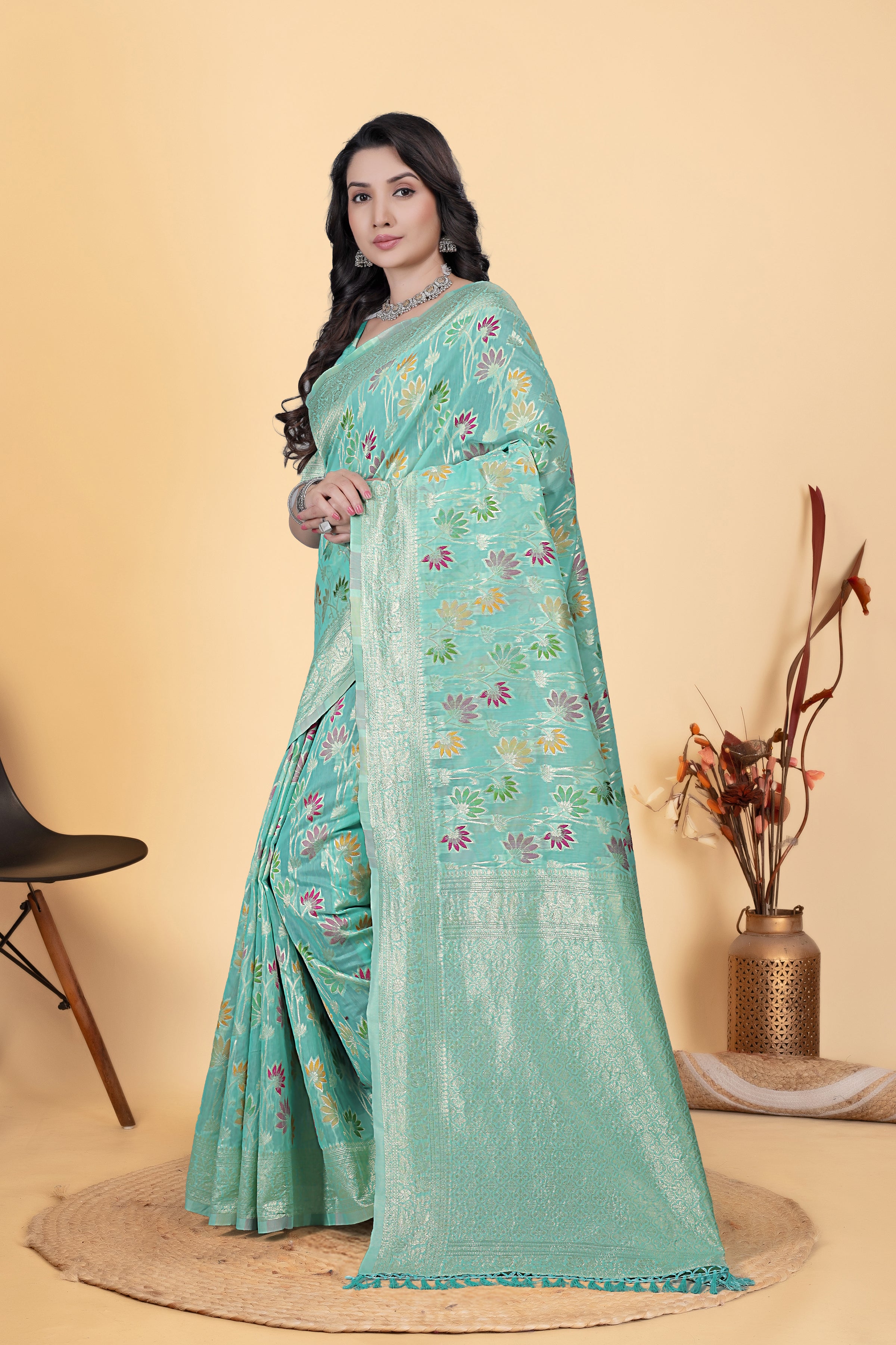 Sea Green Floral Zari Woven Saree