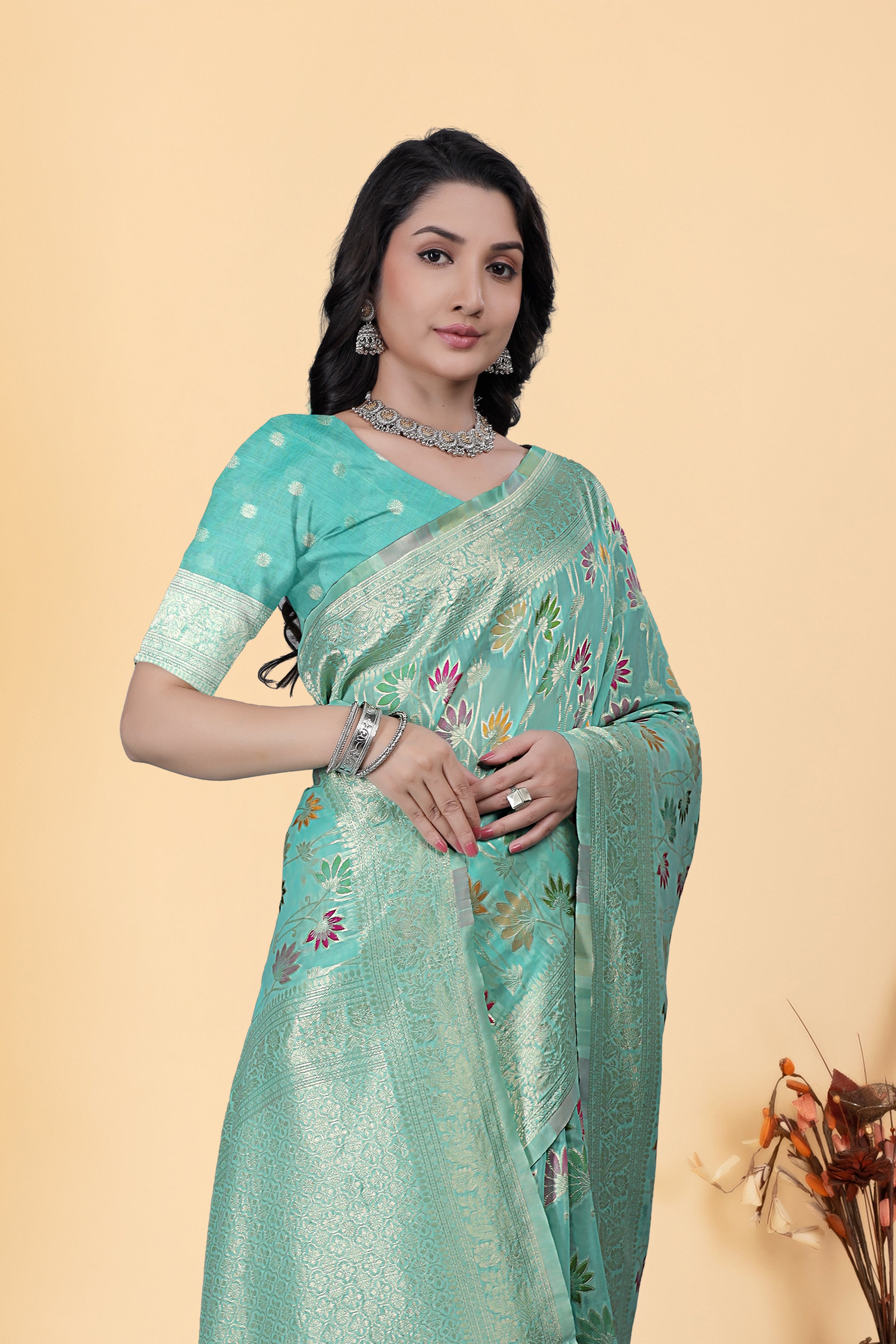 Sea Green Floral Zari Woven Saree