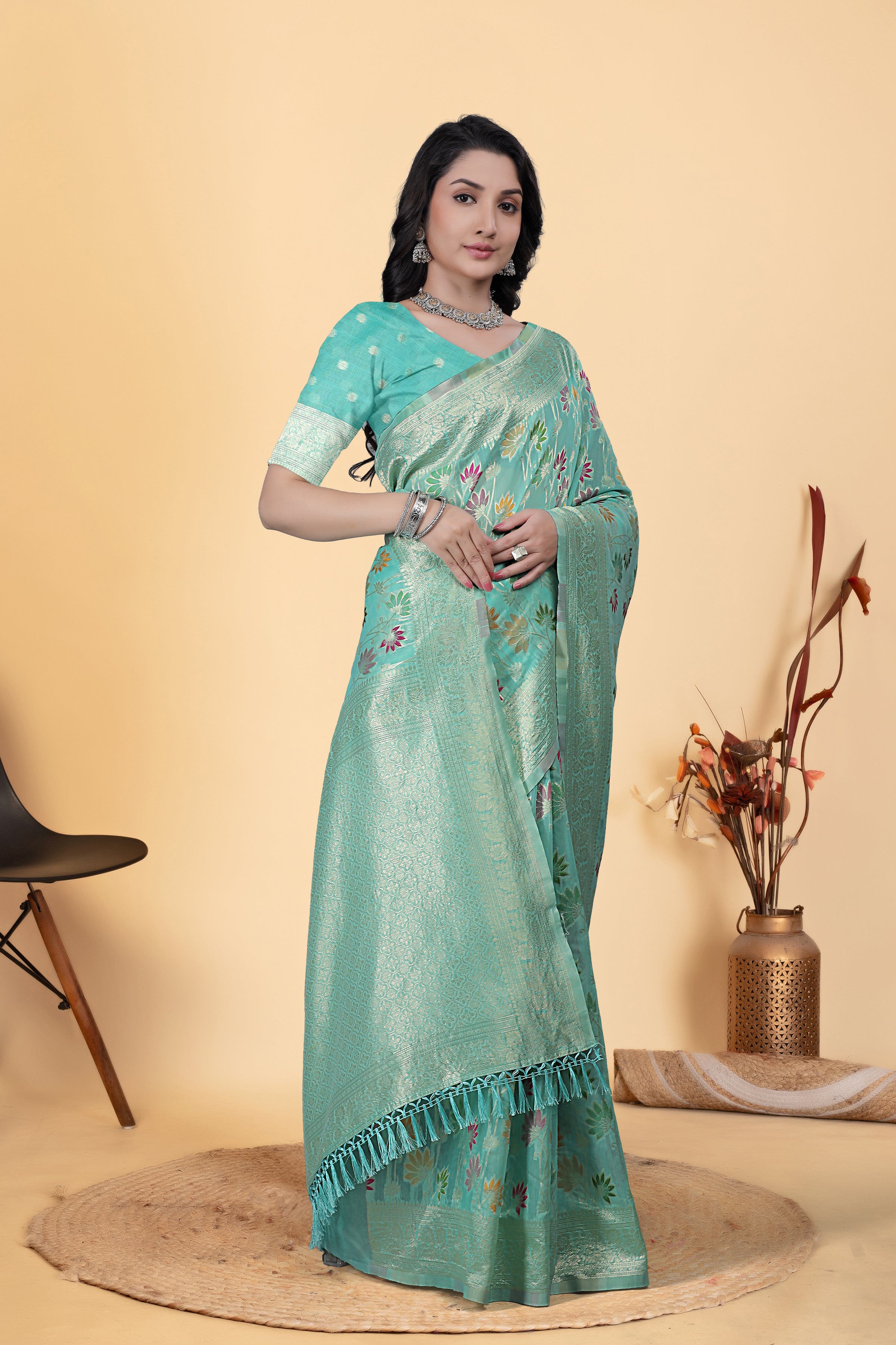 Sea Green Floral Zari Woven Saree