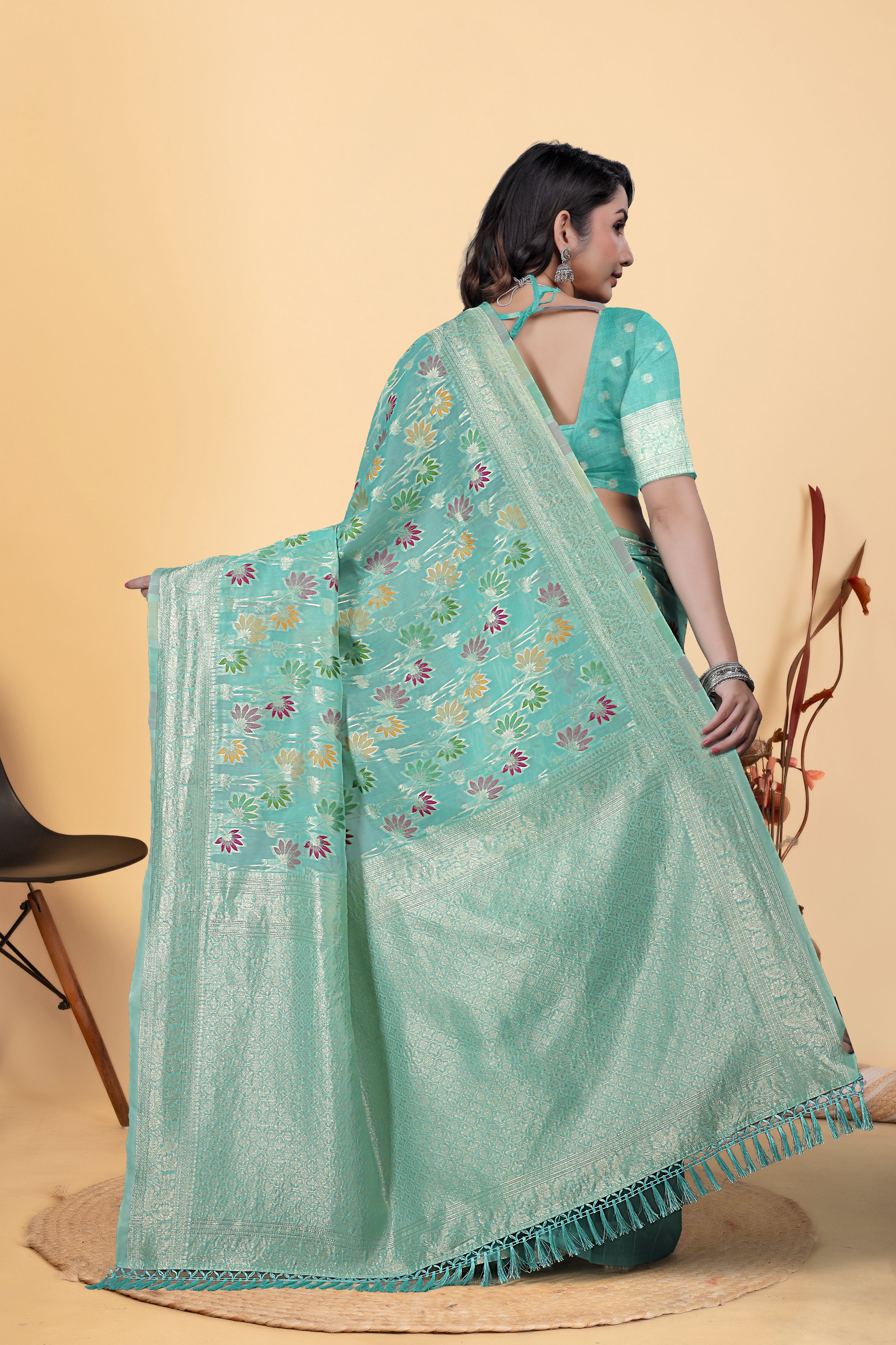 Sea Green Floral Zari Woven Saree
