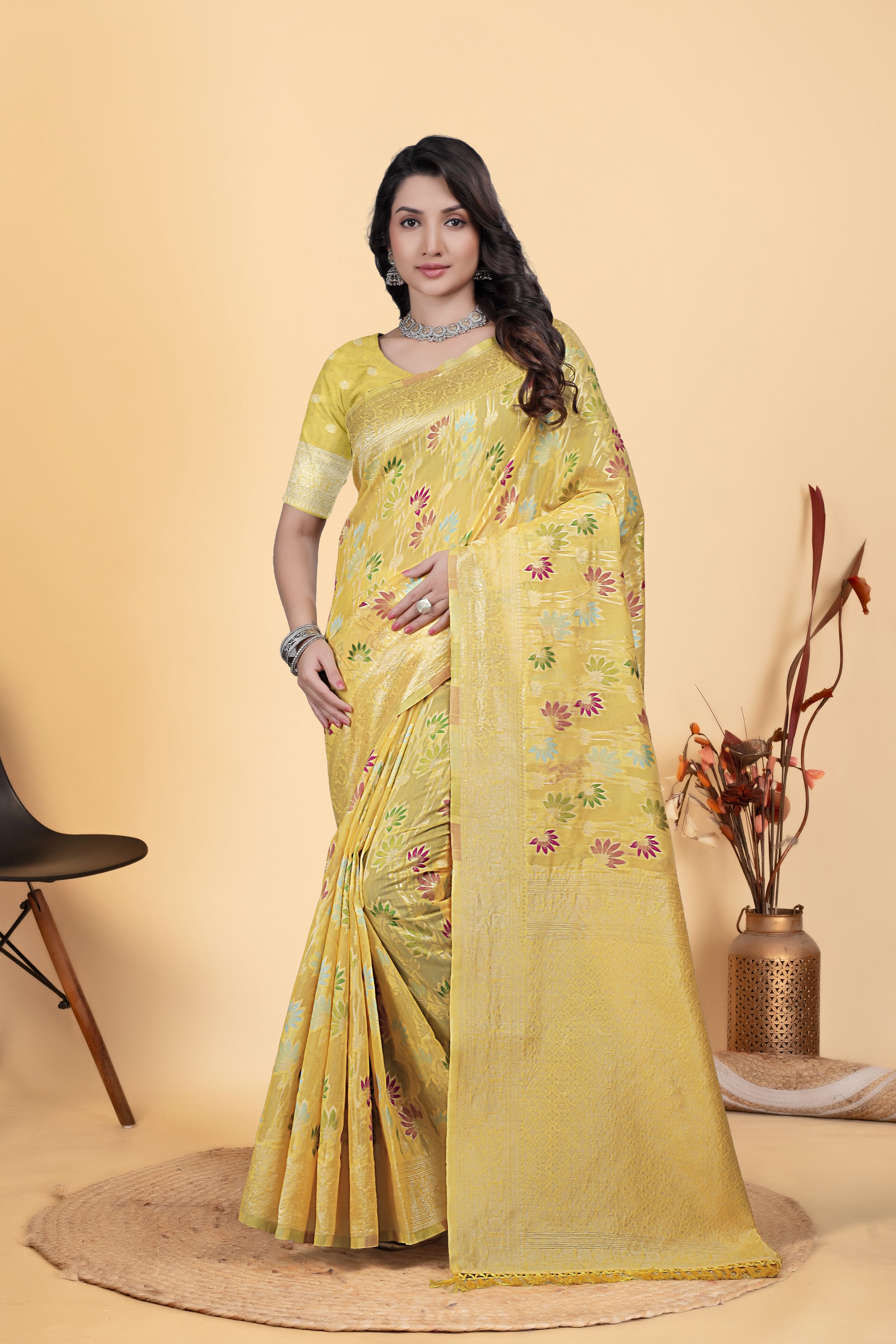 Yellow Jaal Flower Cotton Saree