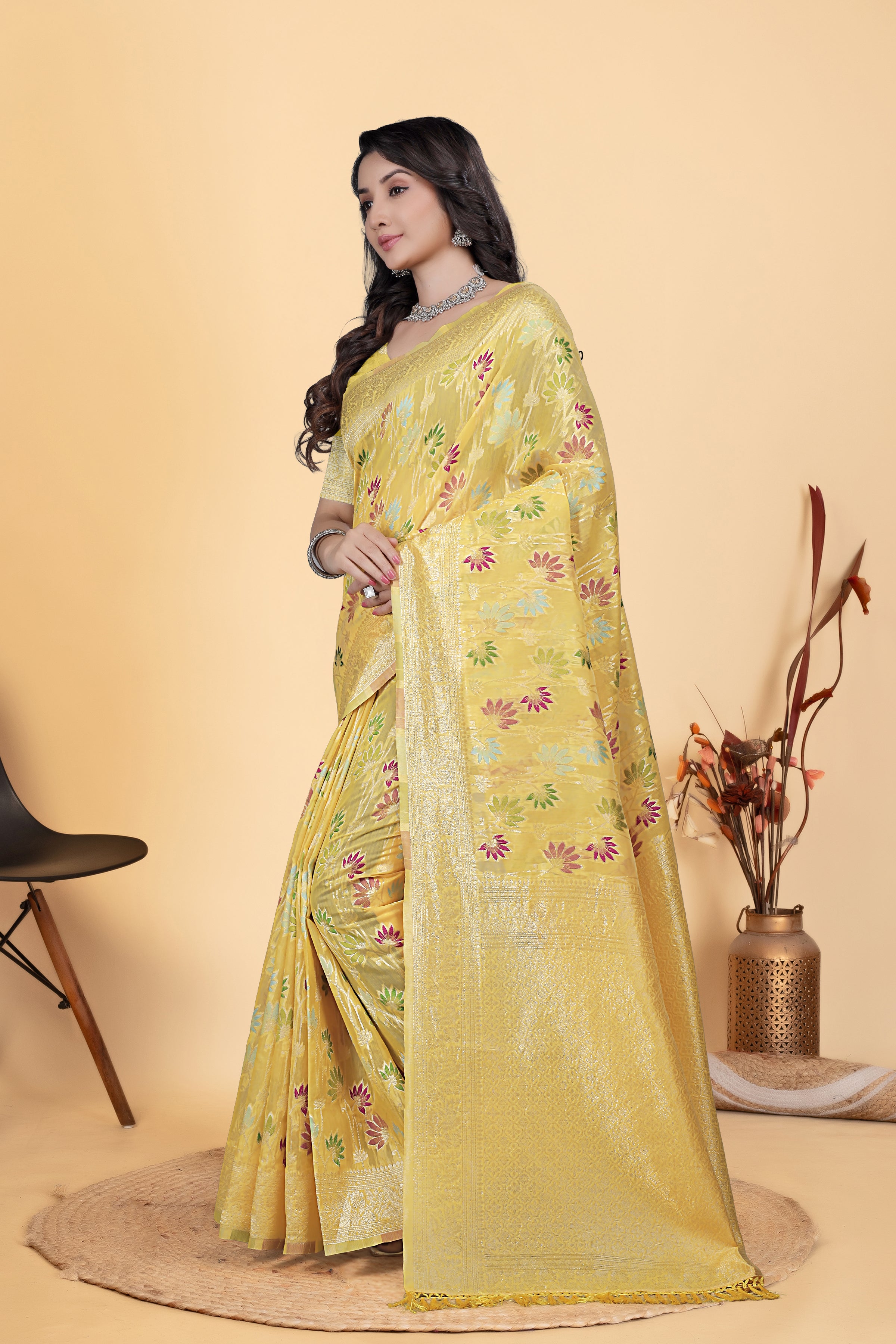 Yellow Jaal Flower Cotton Saree