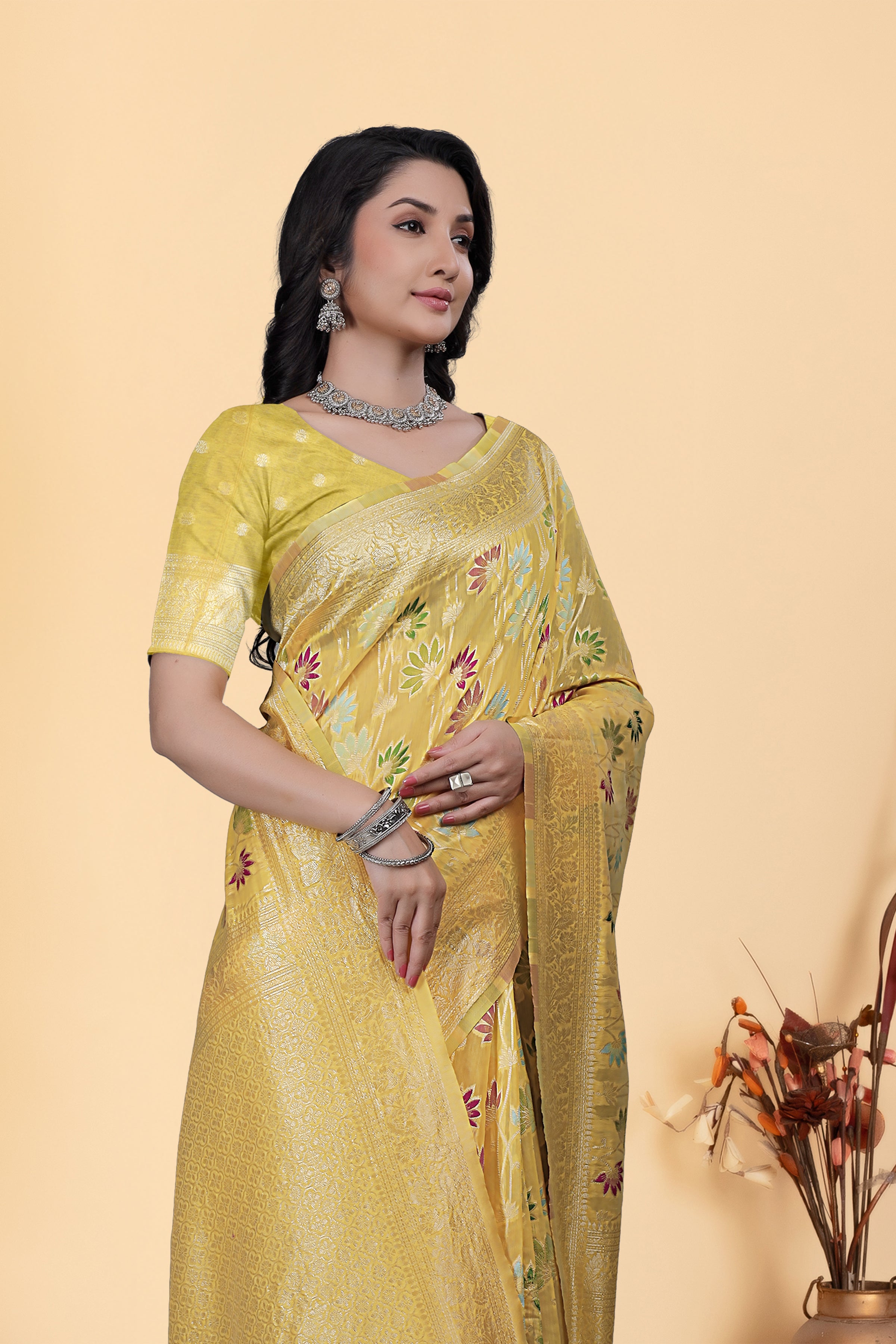 Yellow Jaal Flower Cotton Saree