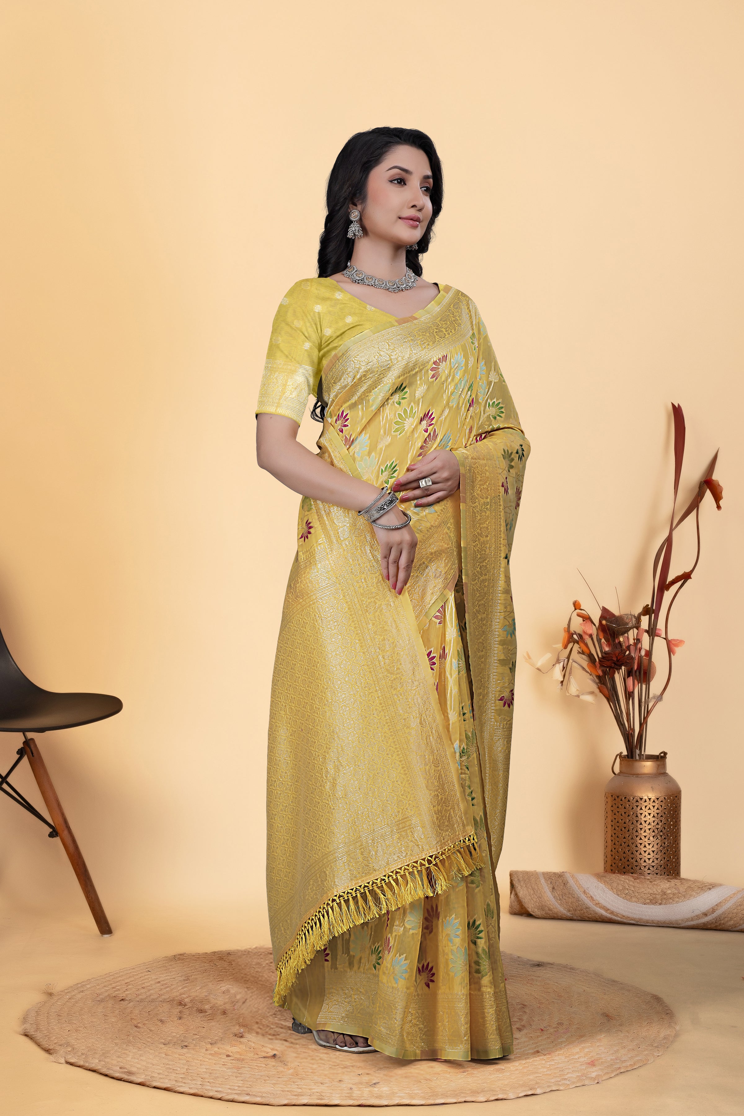 Yellow Jaal Flower Cotton Saree