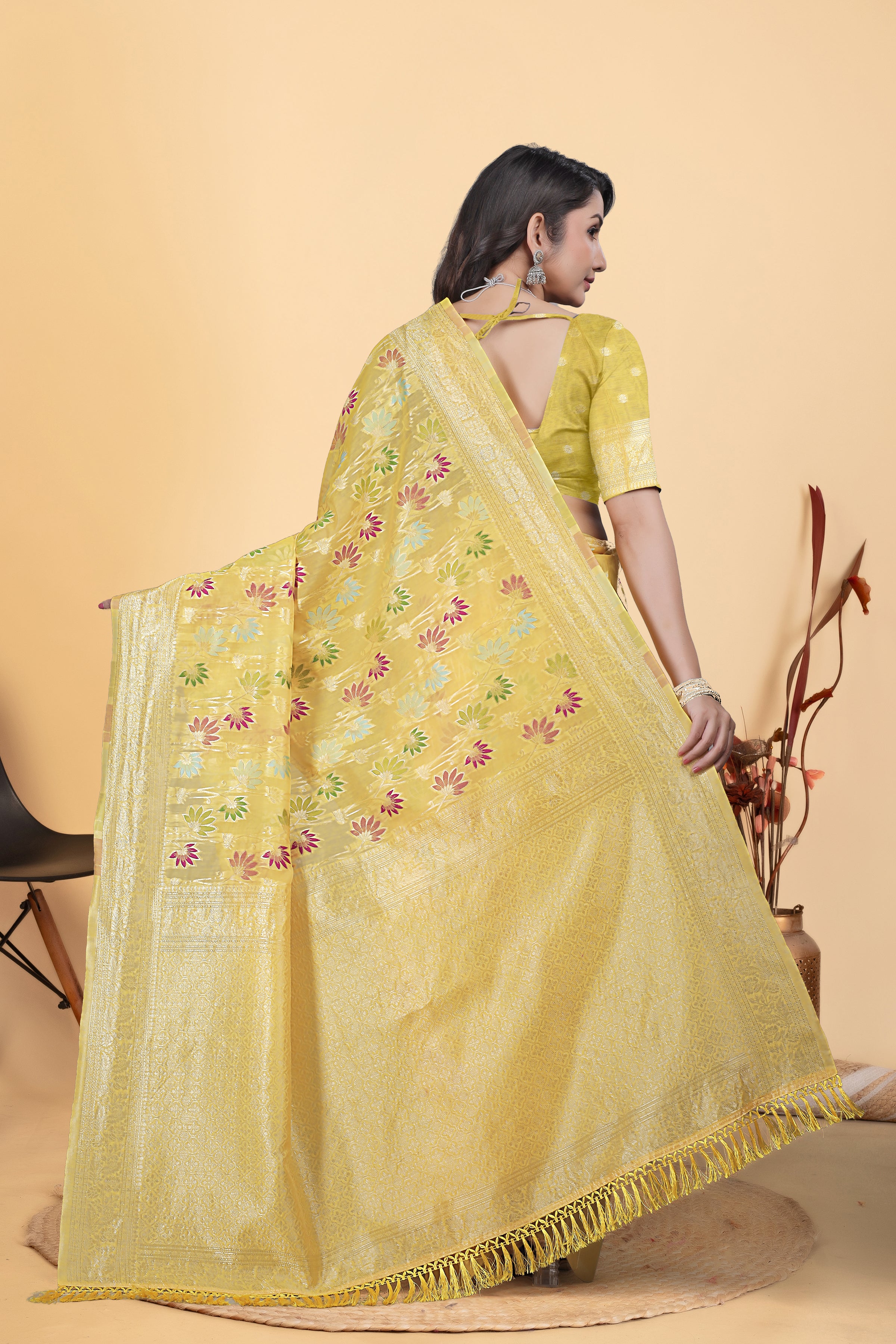 Yellow Jaal Flower Cotton Saree