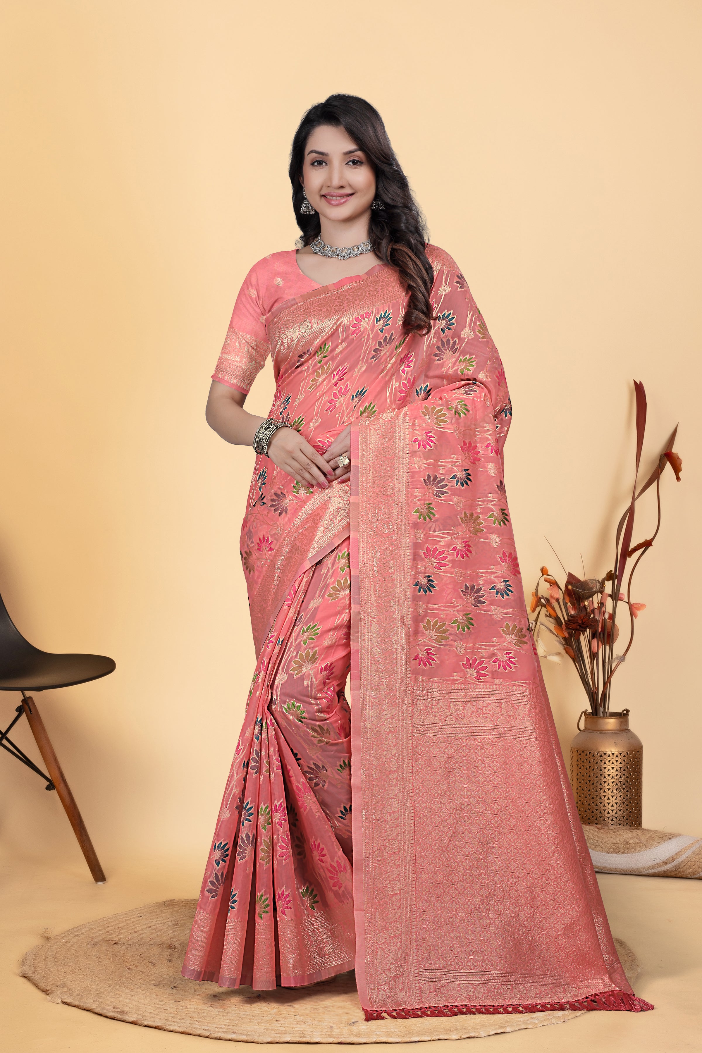 Peach Jaal Flower Cotton Saree