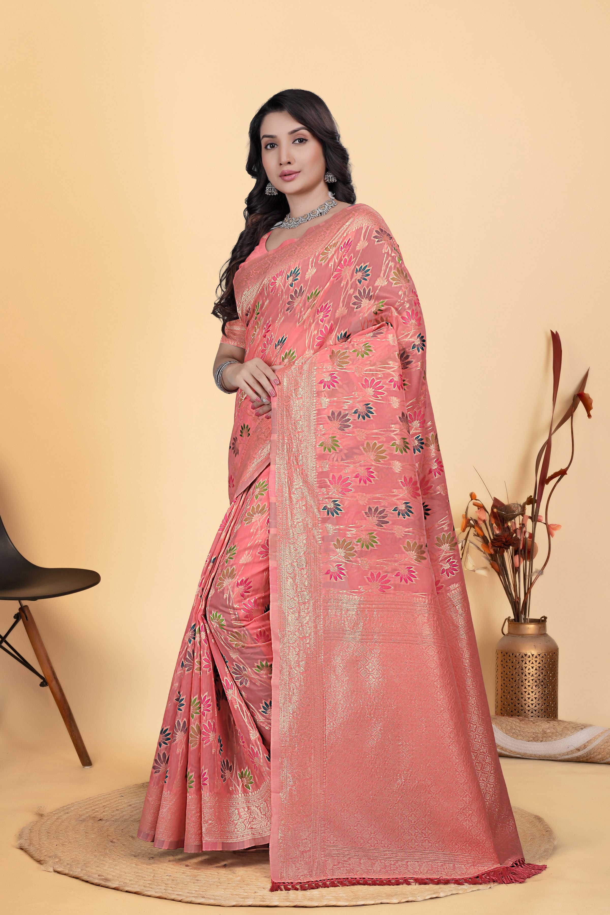 Peach Jaal Flower Cotton Saree