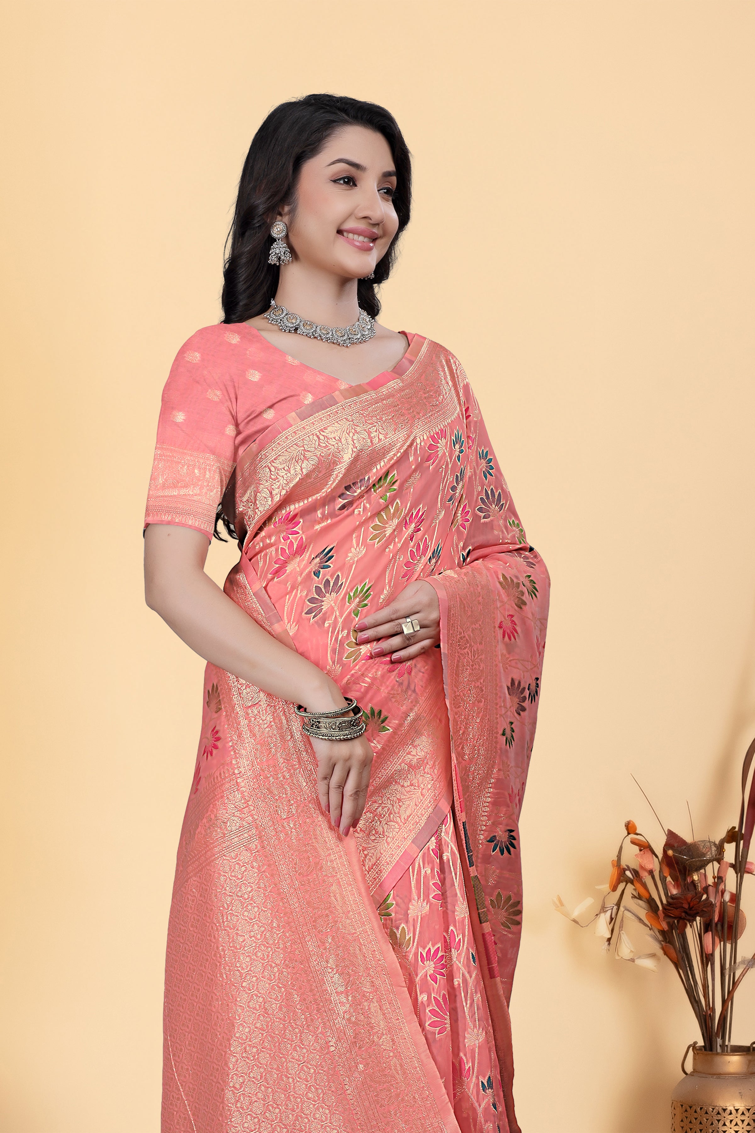 Peach Jaal Flower Cotton Saree