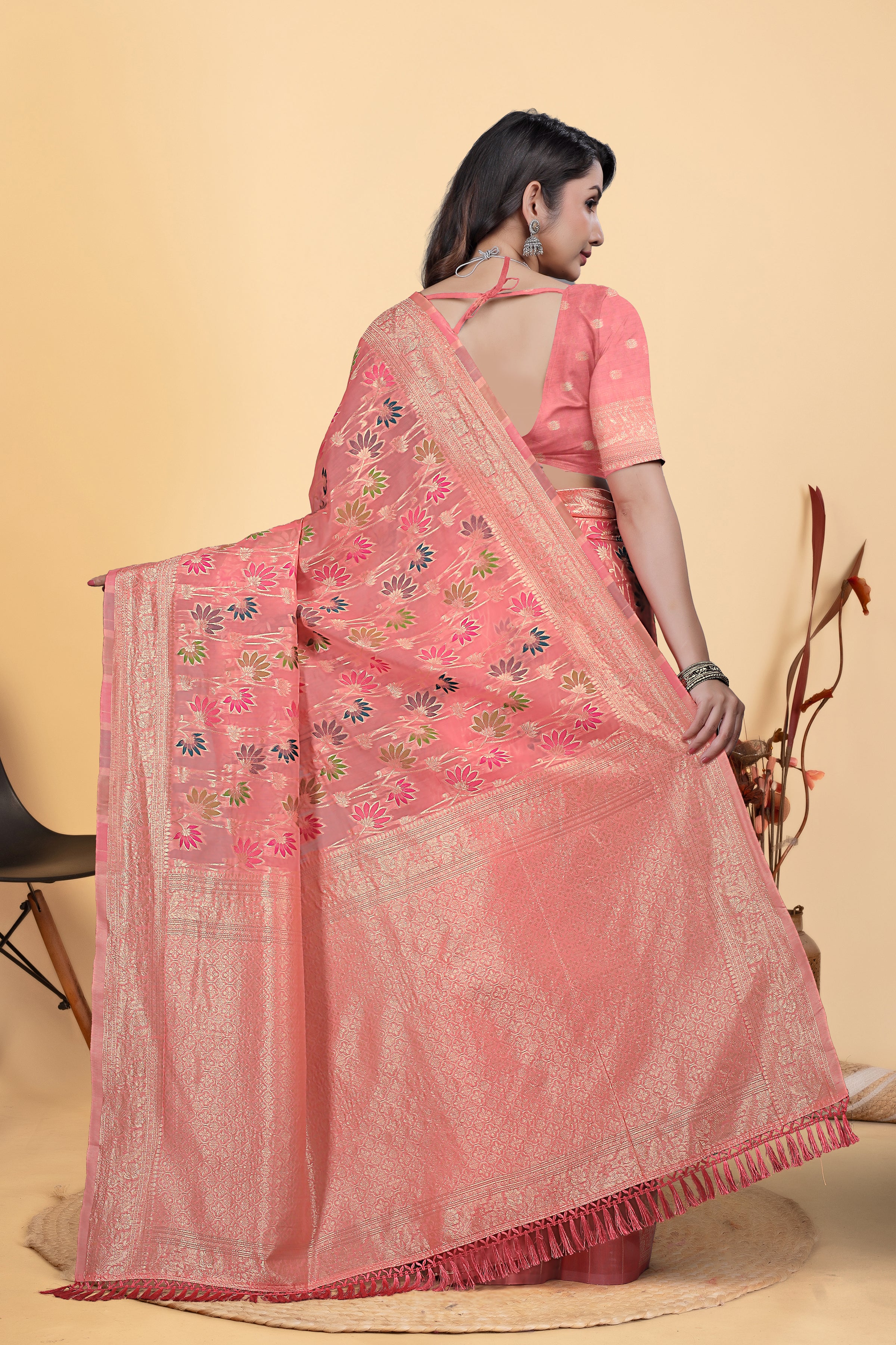 Peach Jaal Flower Cotton Saree