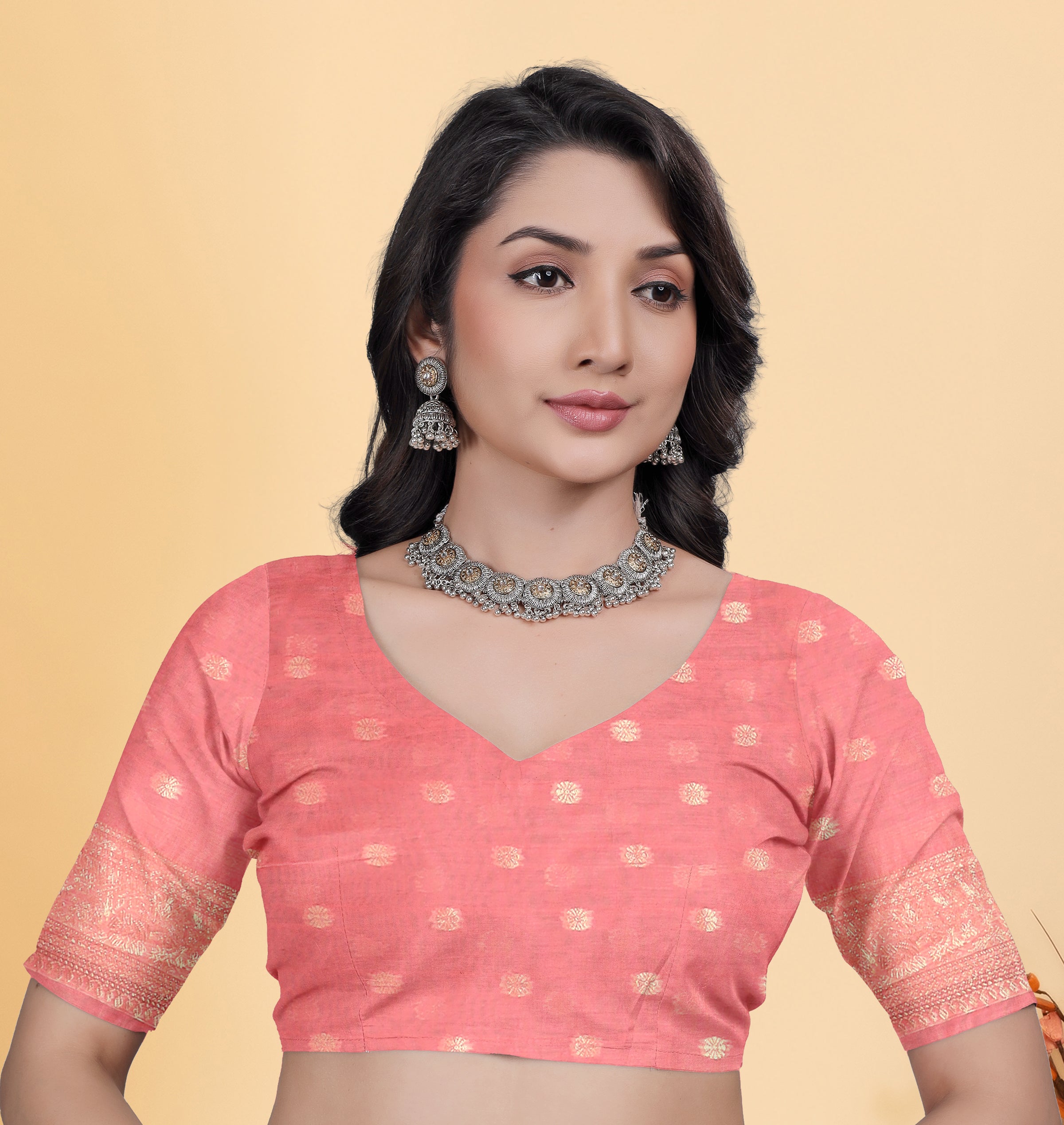 Peach Jaal Flower Cotton Saree