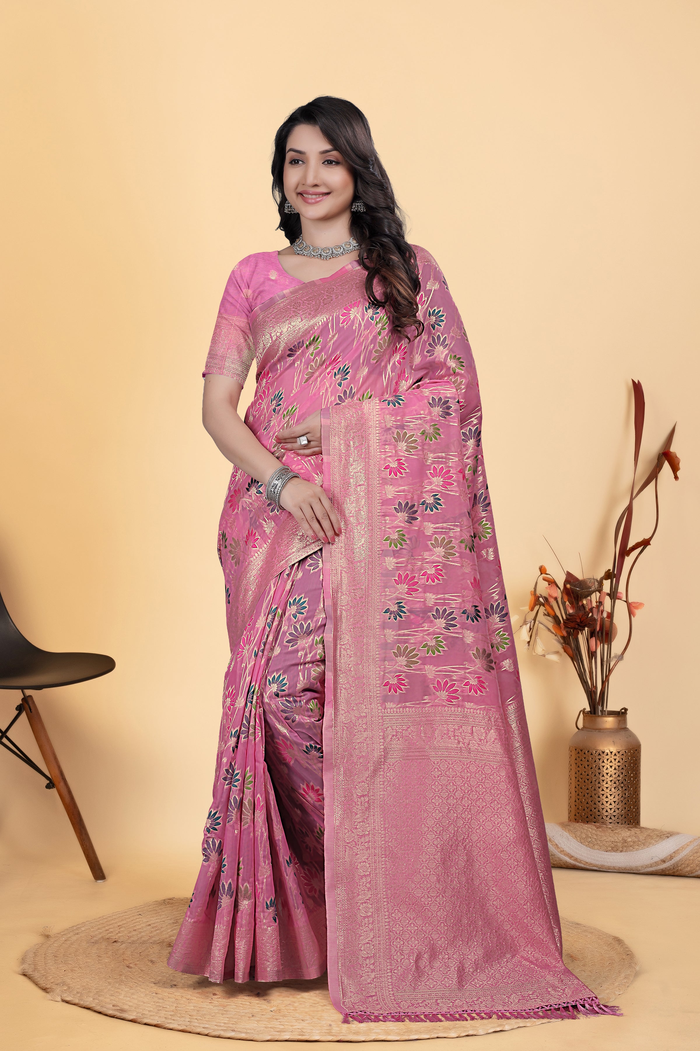 Pink Jaal Flower Cotton Saree