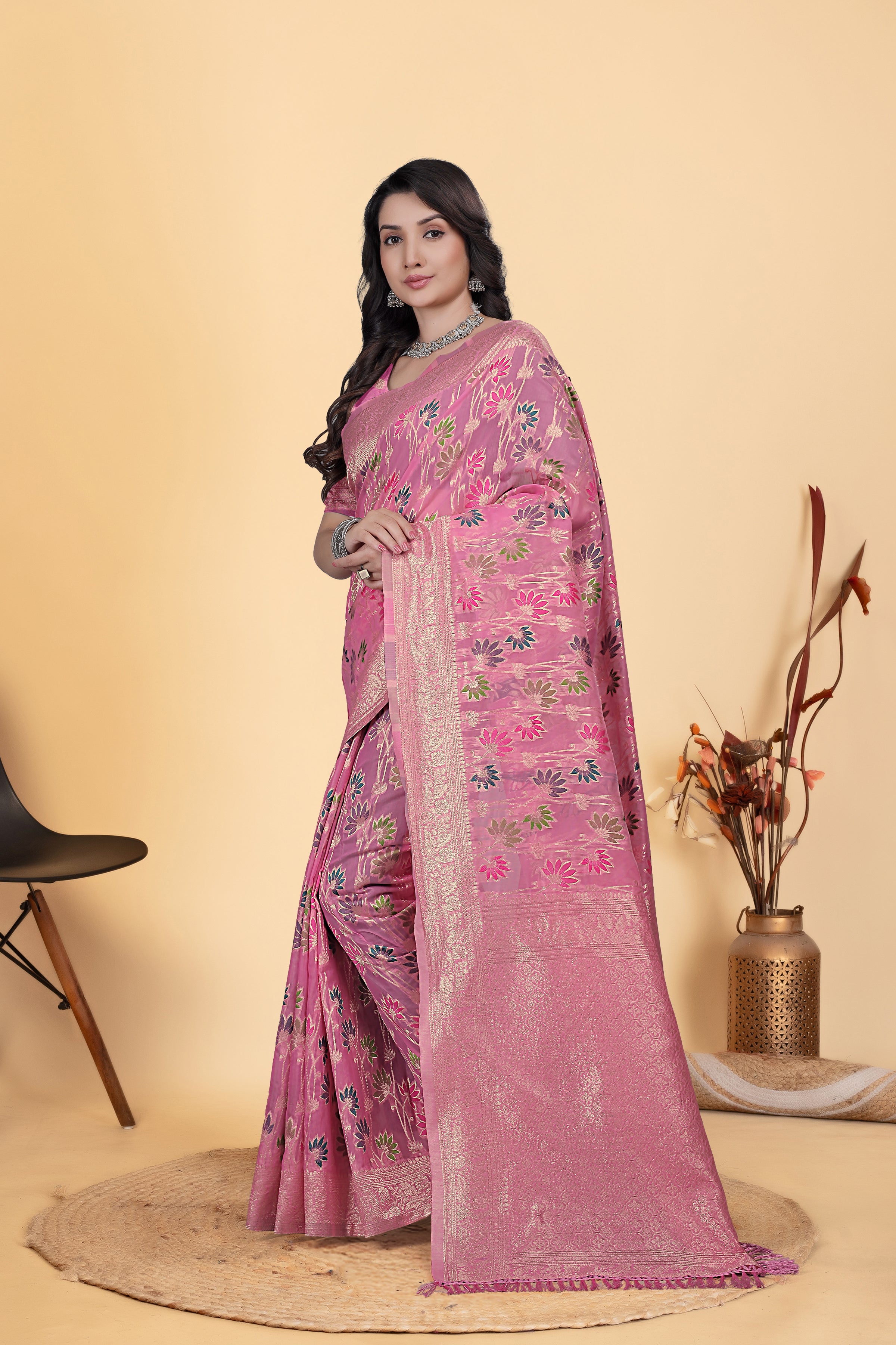 Pink Jaal Flower Cotton Saree