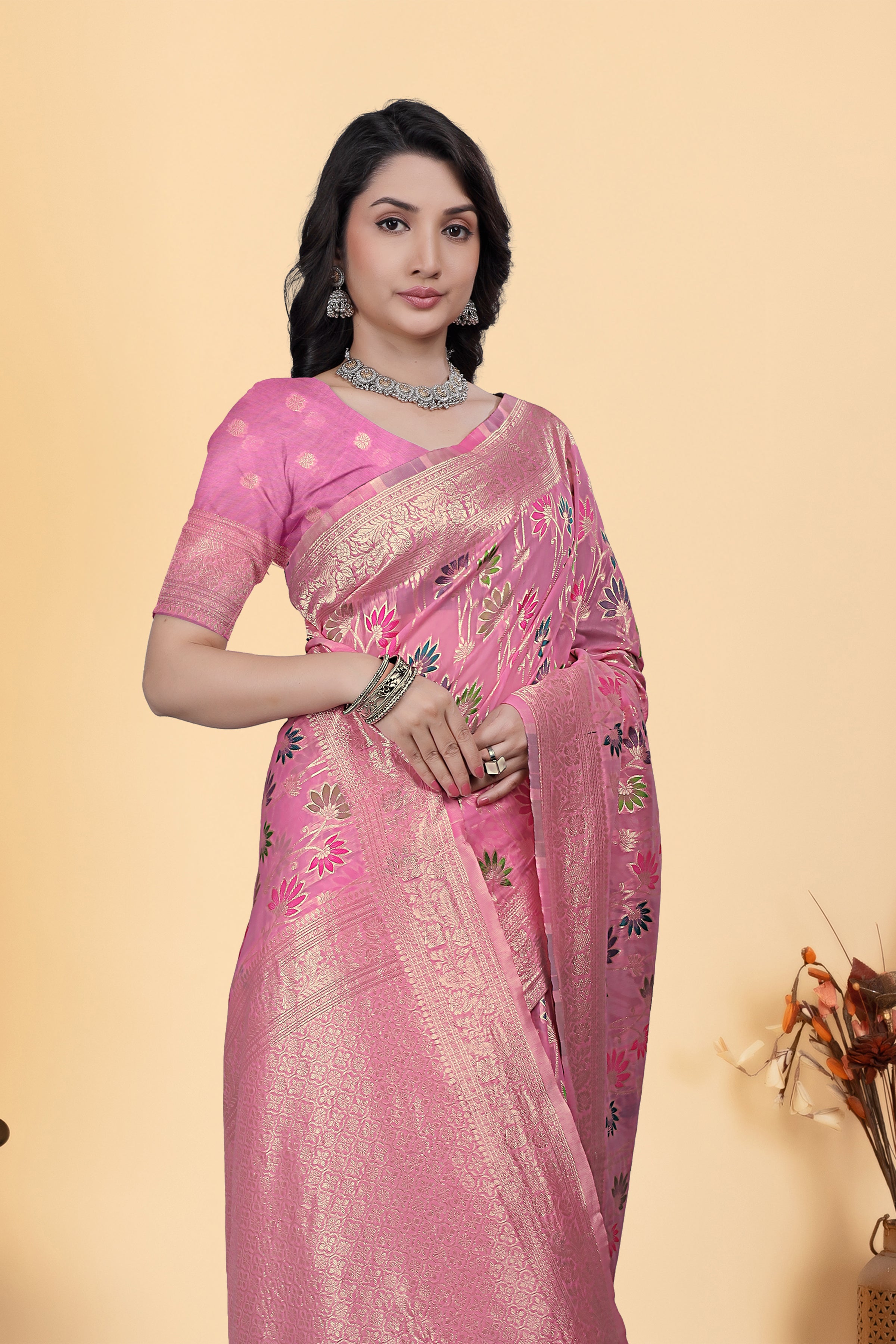 Pink Jaal Flower Cotton Saree