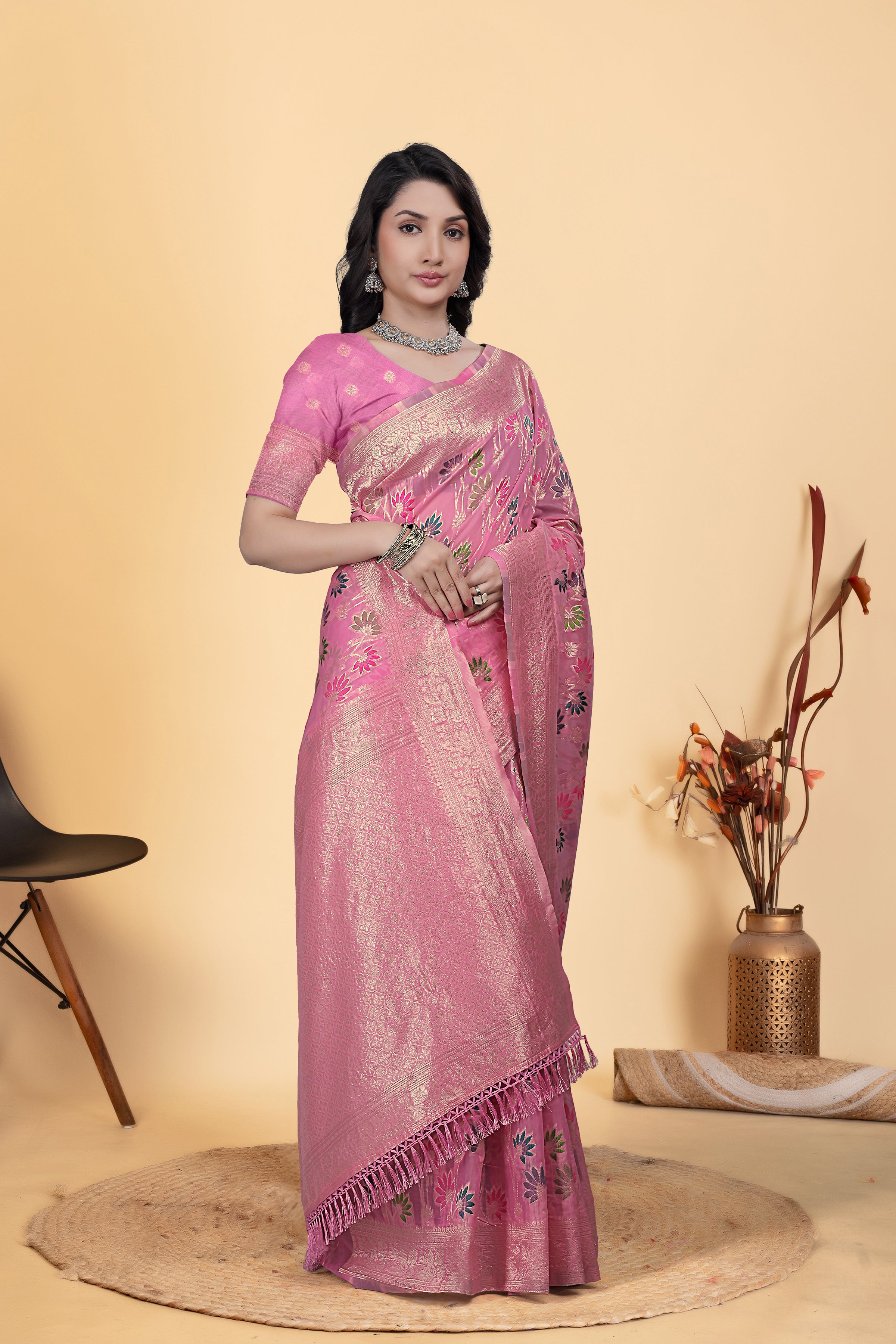 Pink Jaal Flower Cotton Saree