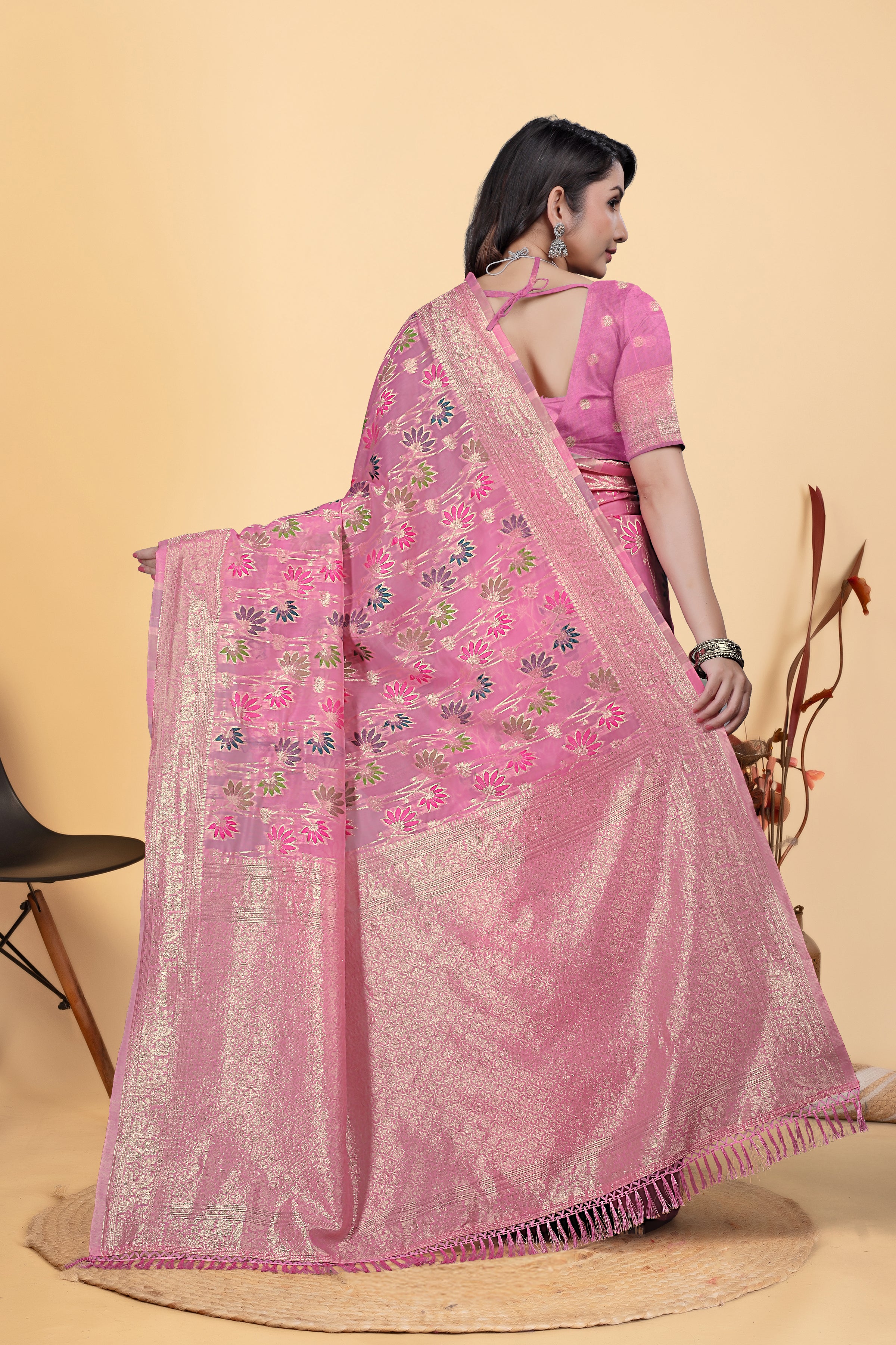 Pink Jaal Flower Cotton Saree
