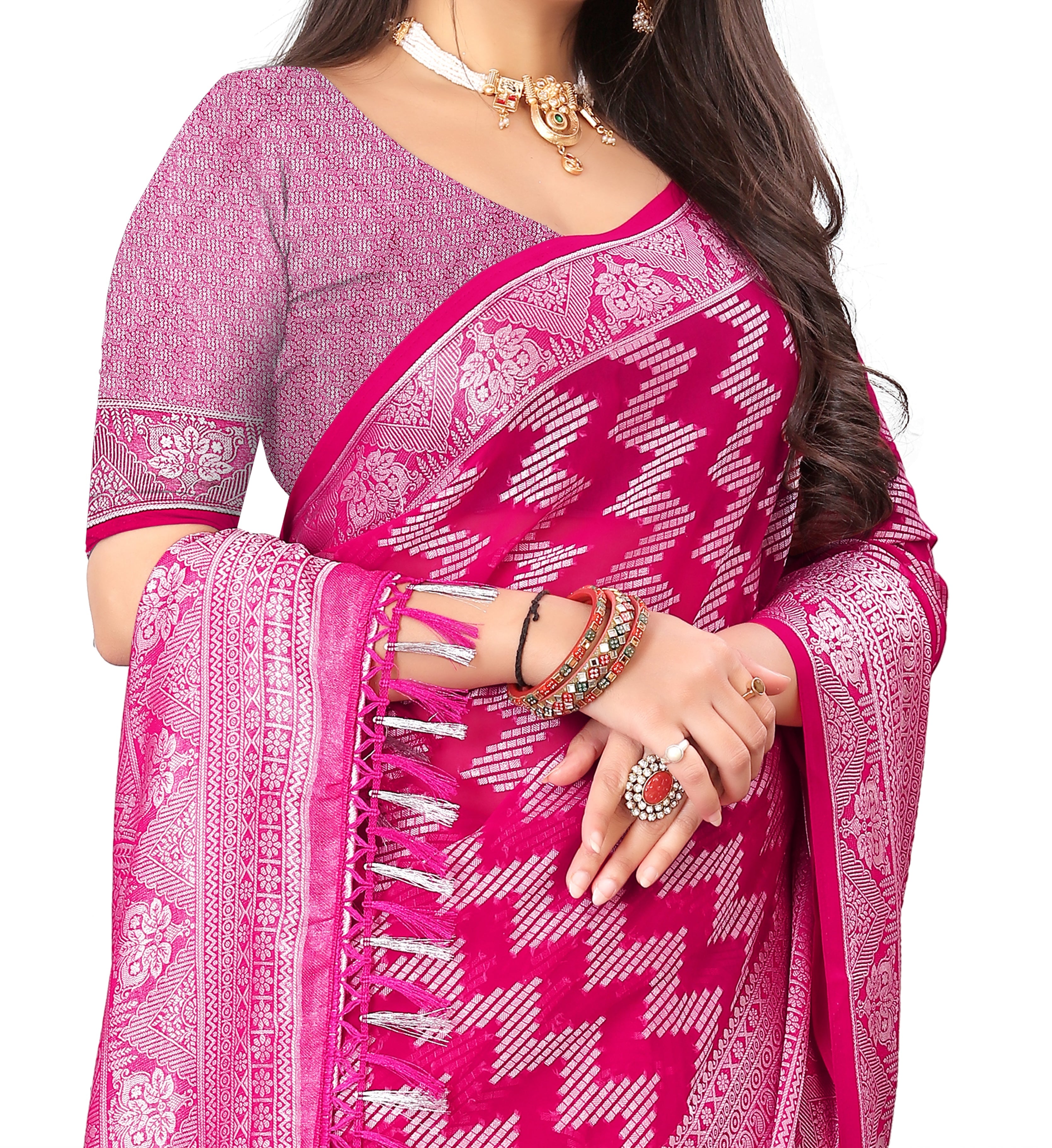 The Riya Saree: Hot Pink Georgette Saree with Silver Zari Leheriya Work