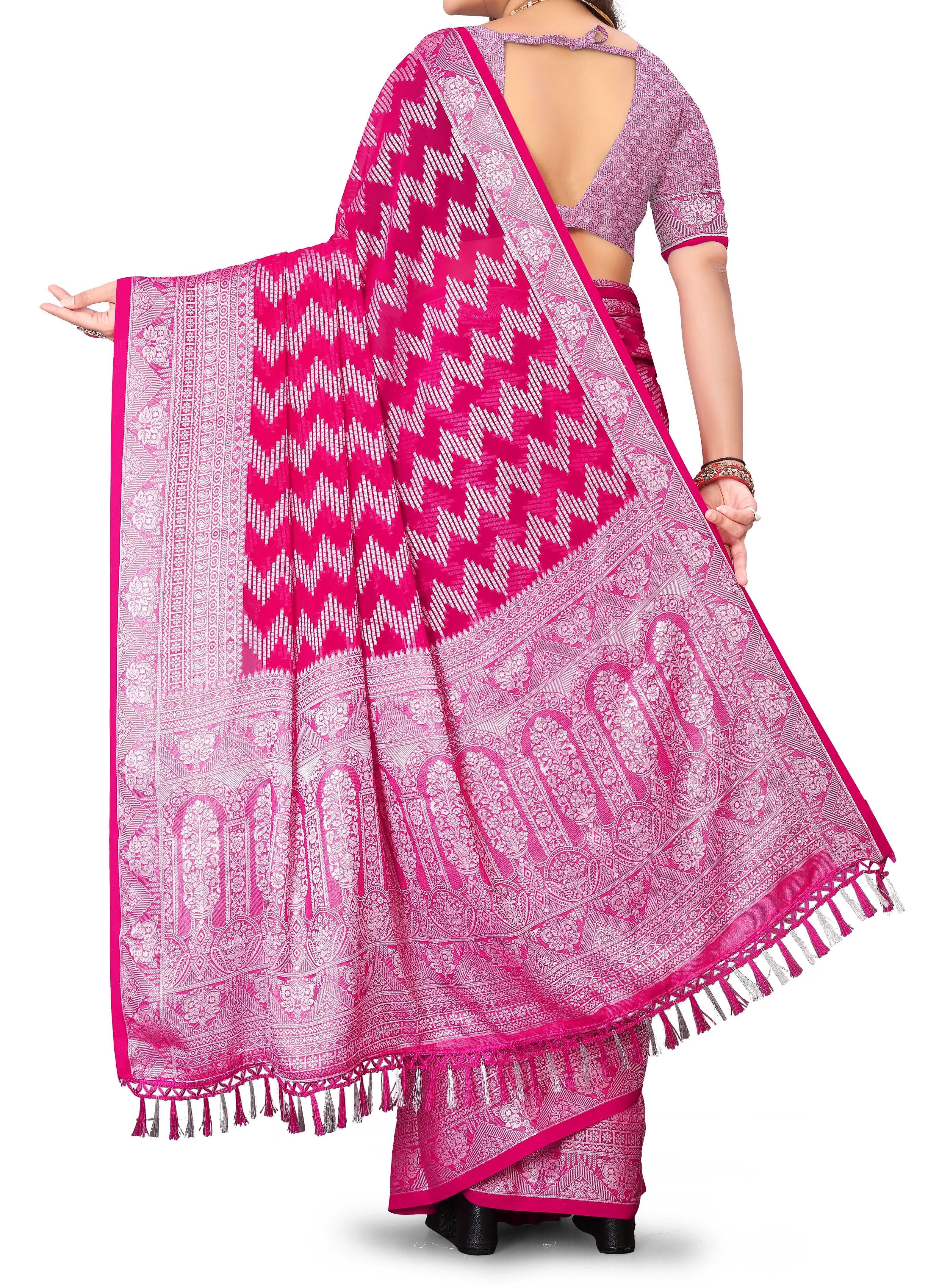 The Riya Saree: Hot Pink Georgette Saree with Silver Zari Leheriya Work