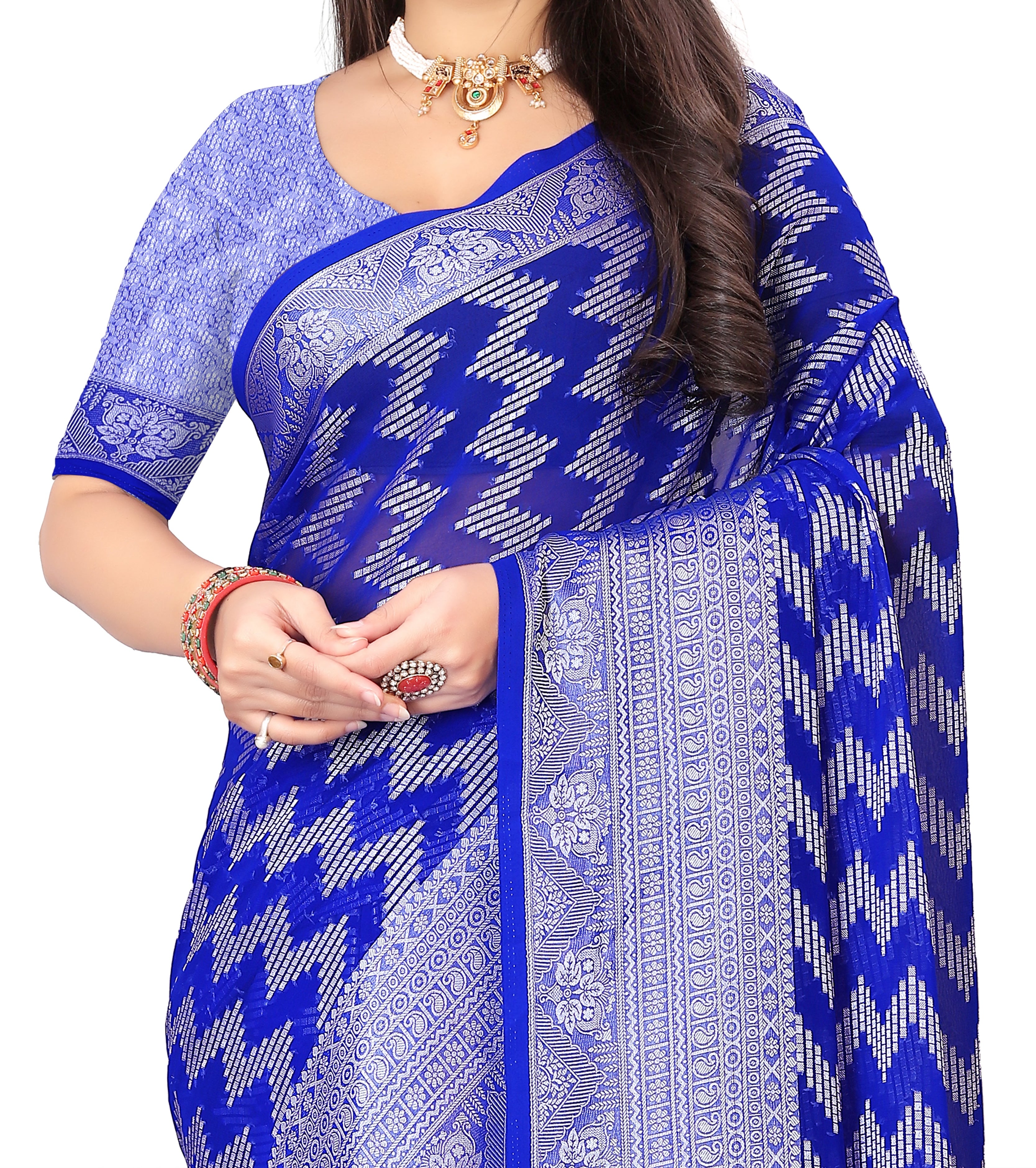 The Myra Saree: Royal Blue Georgette with Silver Zig-Zag Zari Work