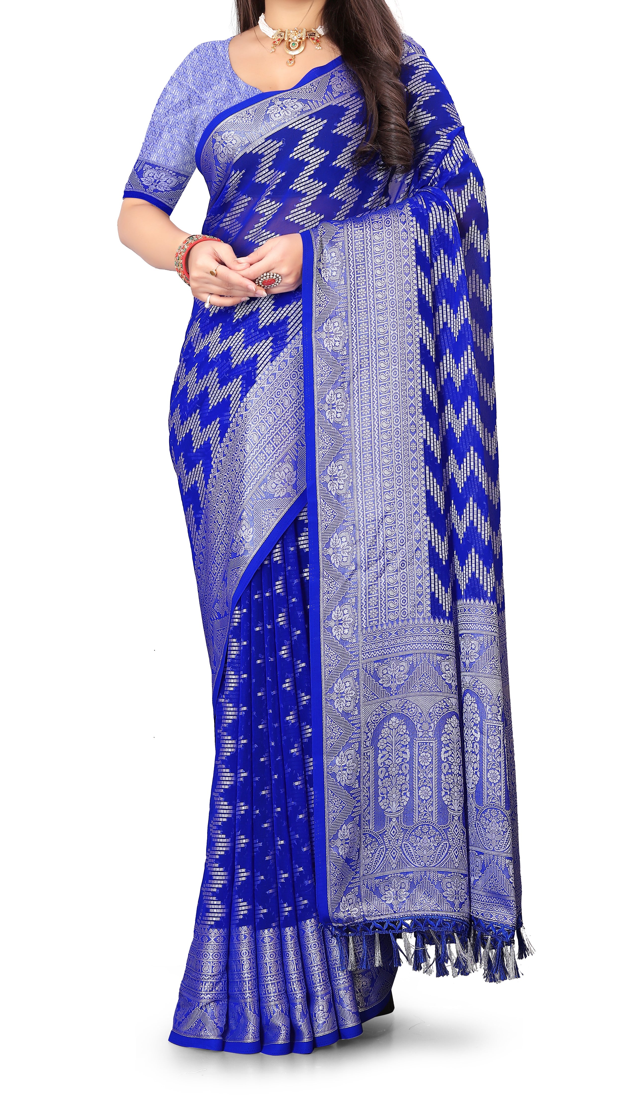 The Myra Saree: Royal Blue Georgette with Silver Zig-Zag Zari Work