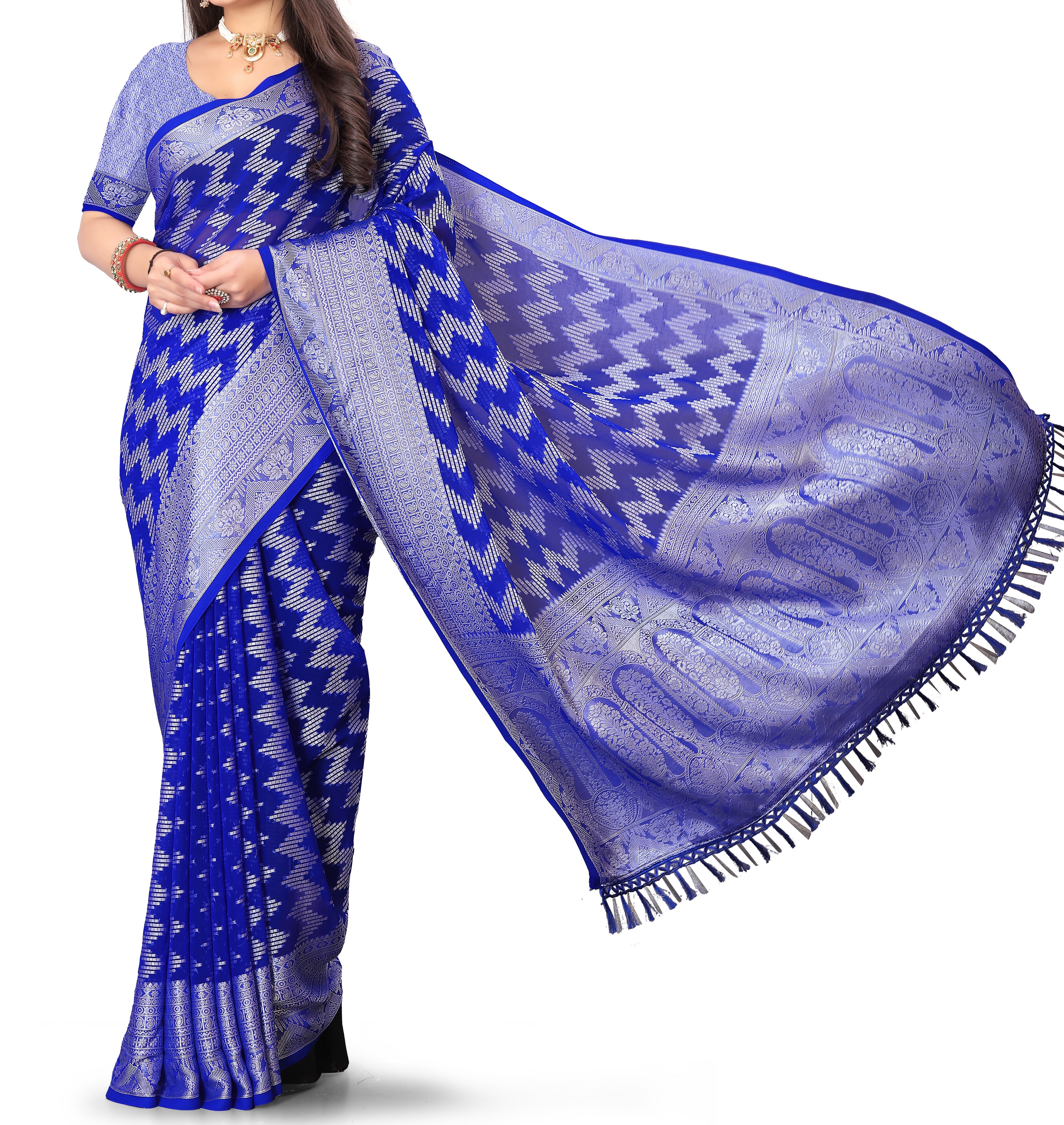 The Myra Saree: Royal Blue Georgette with Silver Zig-Zag Zari Work