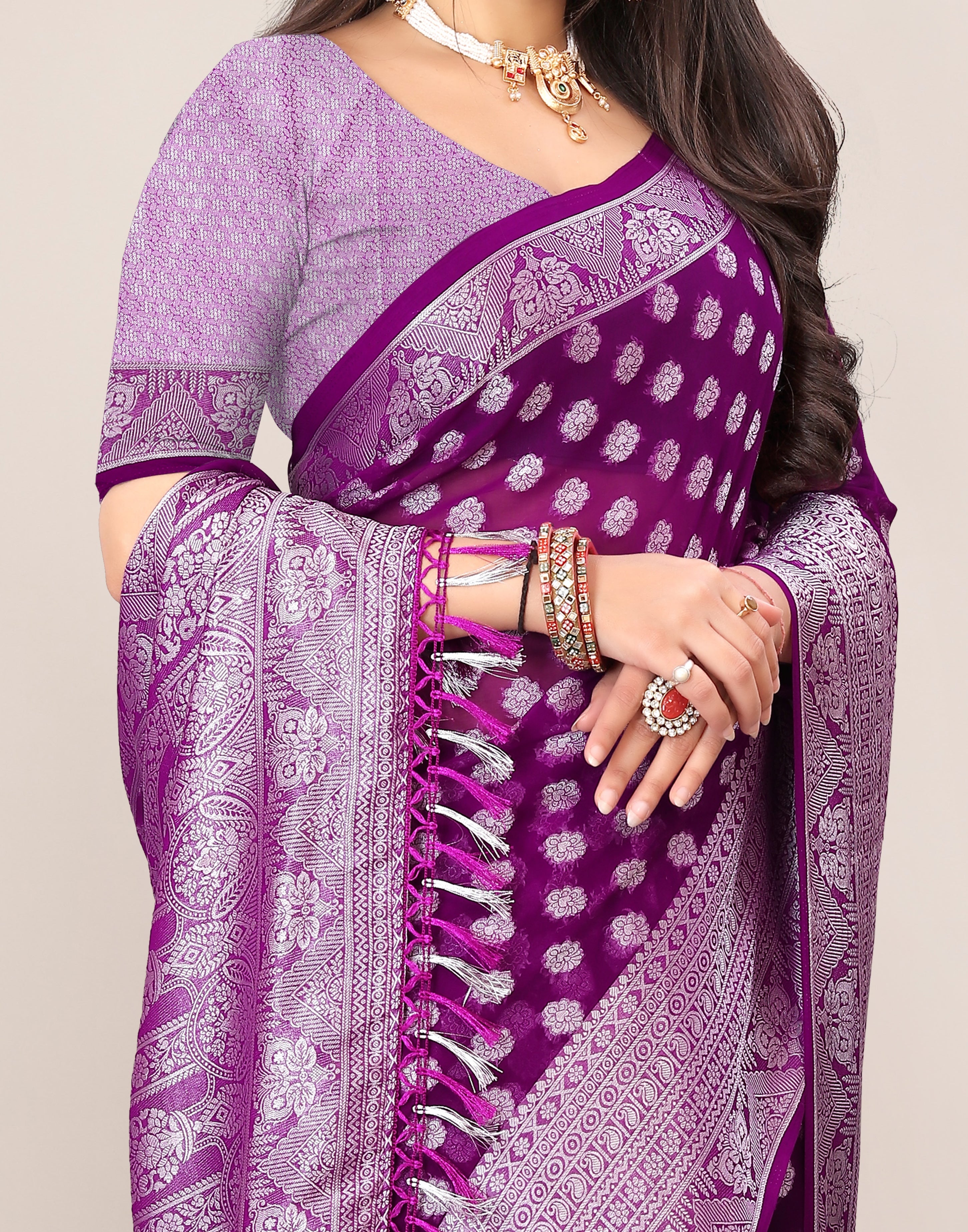 The Kaira Saree: Purple Zari Buti Georgette Saree with Jacquard Blouse