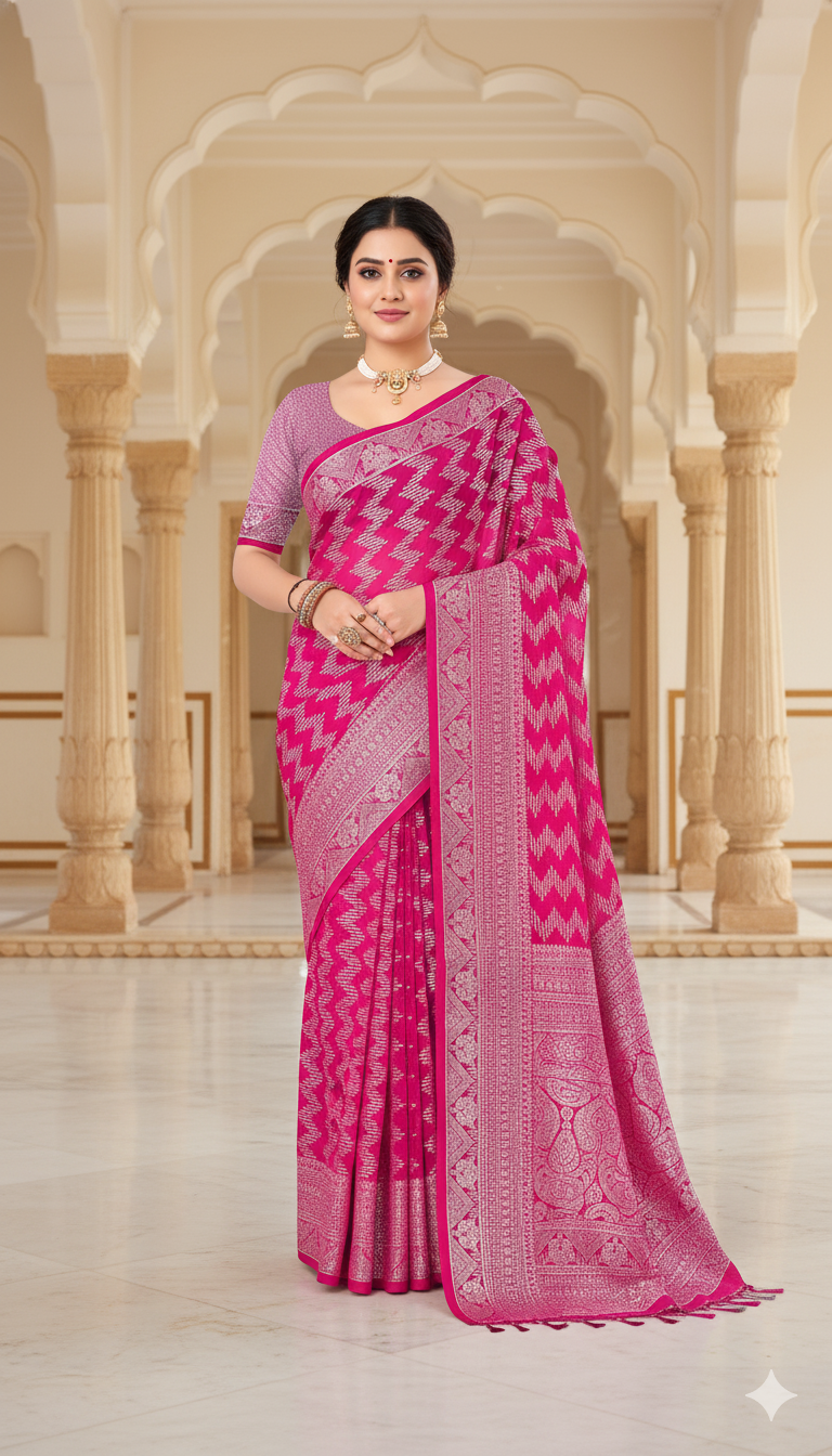 The Riya Saree: Hot Pink Georgette Saree with Silver Zari Leheriya Work