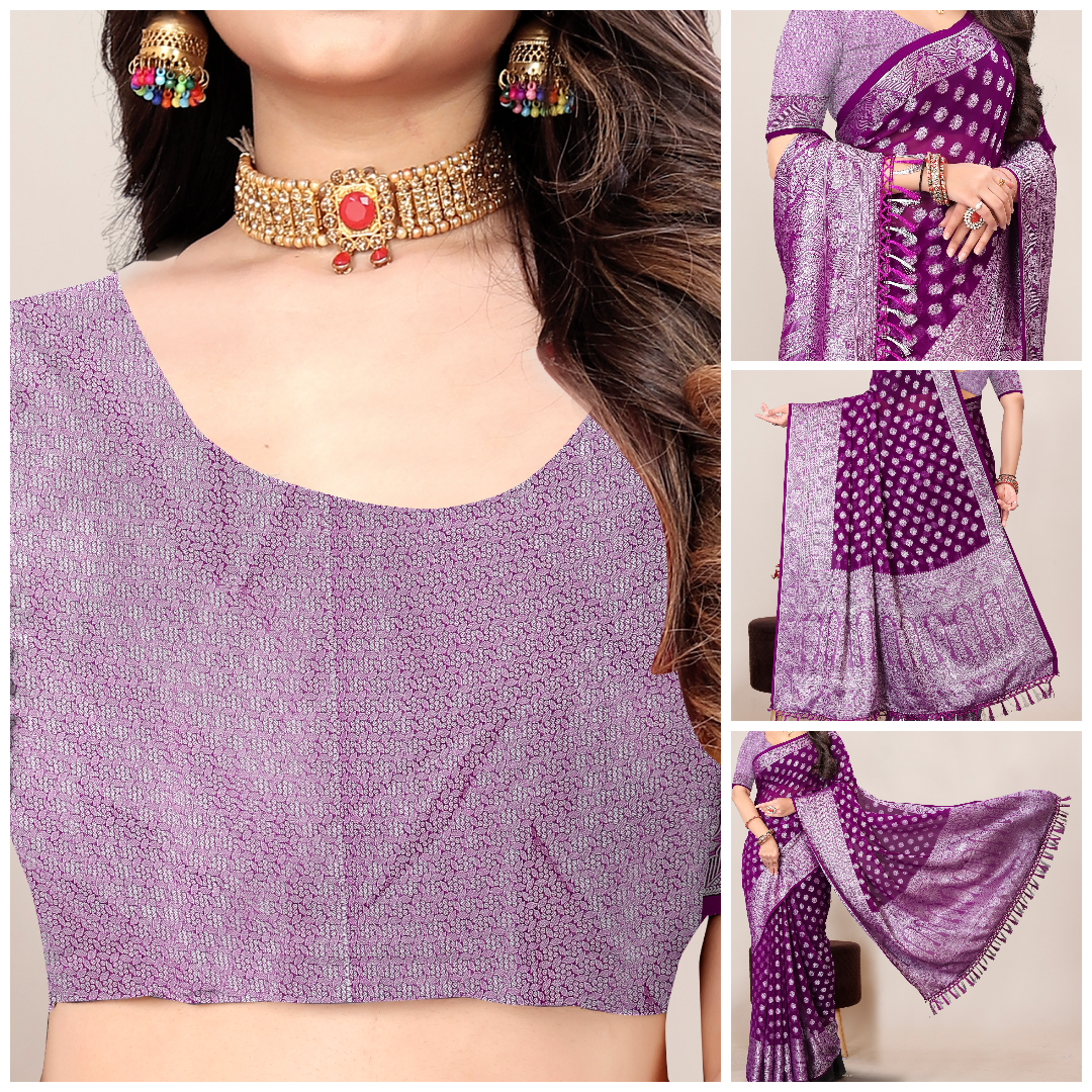 The Kaira Saree: Purple Zari Buti Georgette Saree with Jacquard Blouse