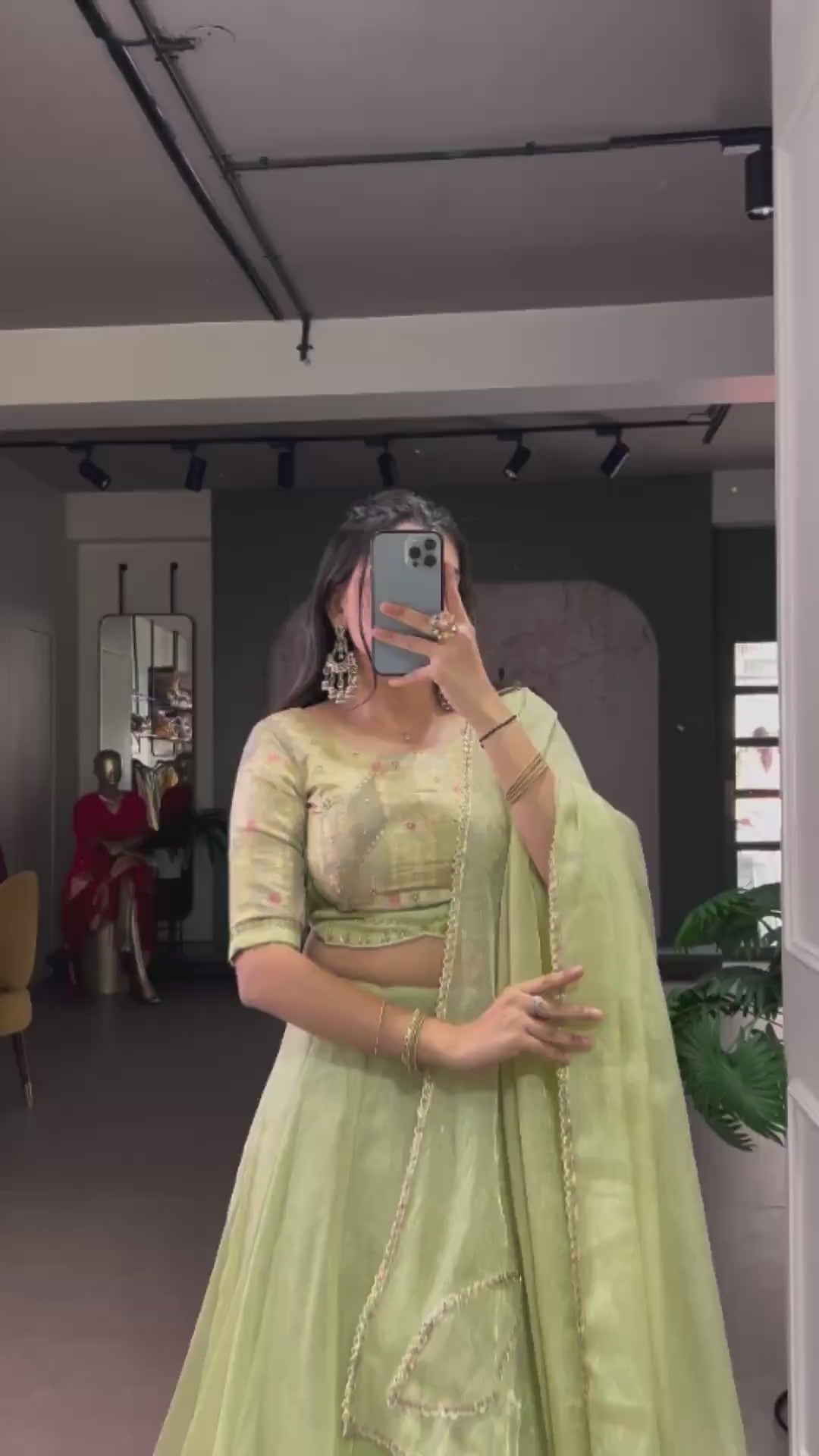 Tea Green Allen Crush Lehenga with Beadwork Blouse